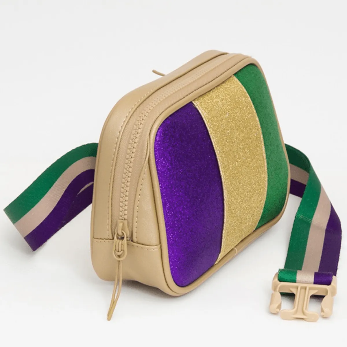 Faux Leather Mardi Gras Sparkle Rectangle Belt Bag - Gold