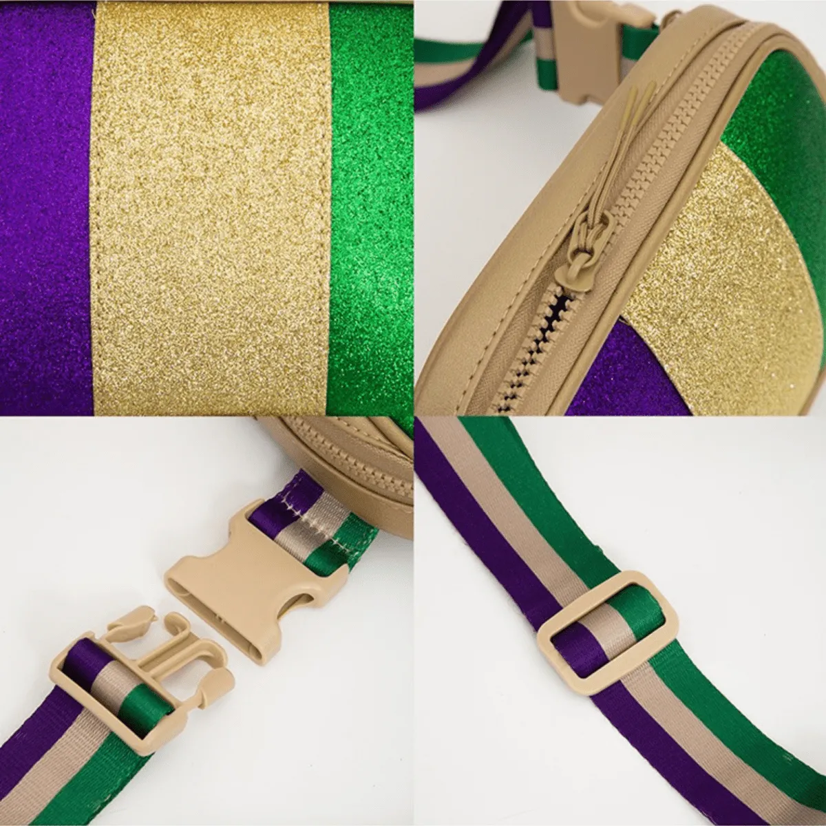 Faux Leather Mardi Gras Sparkle Rectangle Belt Bag - Purple