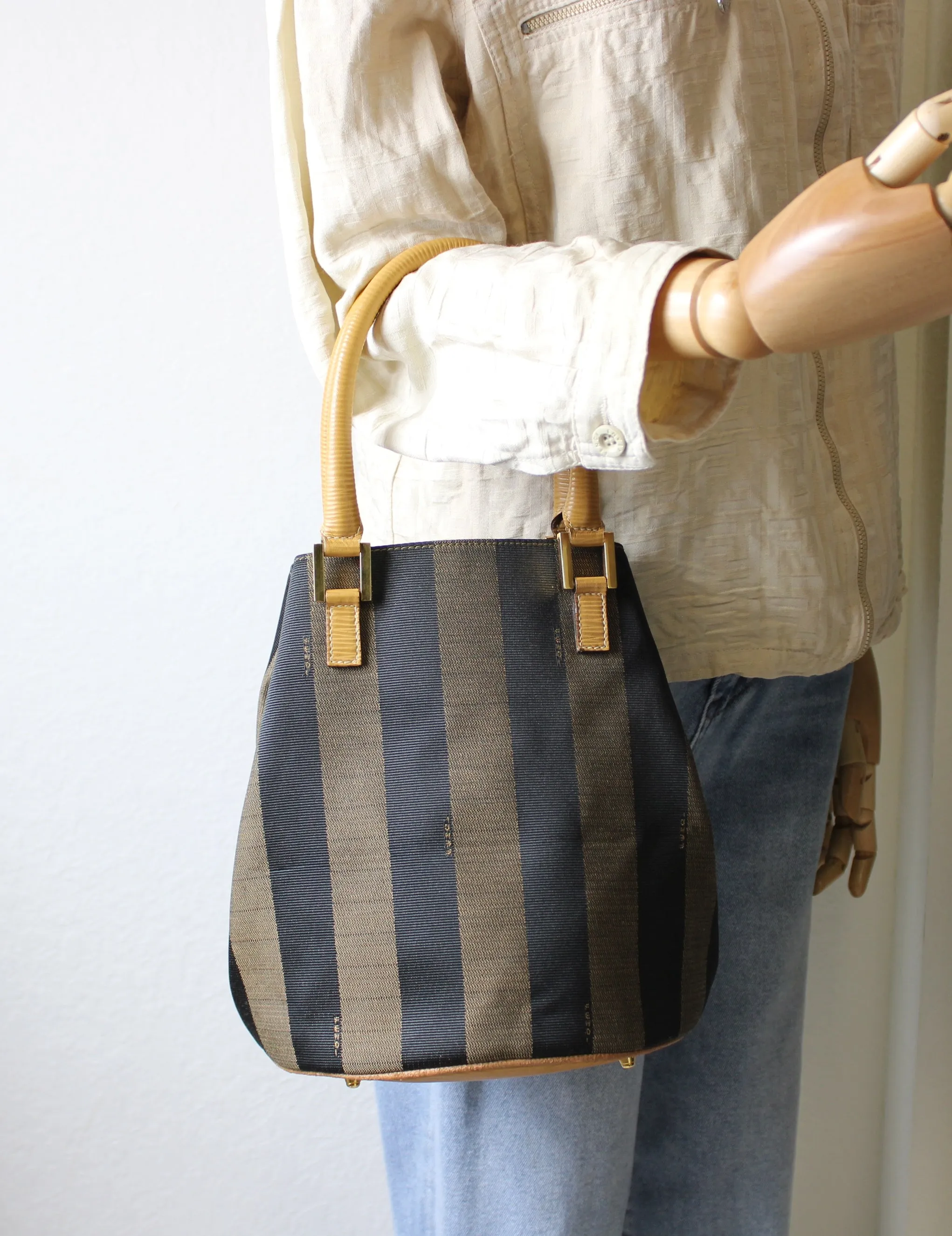 Fendi 2011 Pequin Striped Pattern Bucket Tote Brown Vintage
