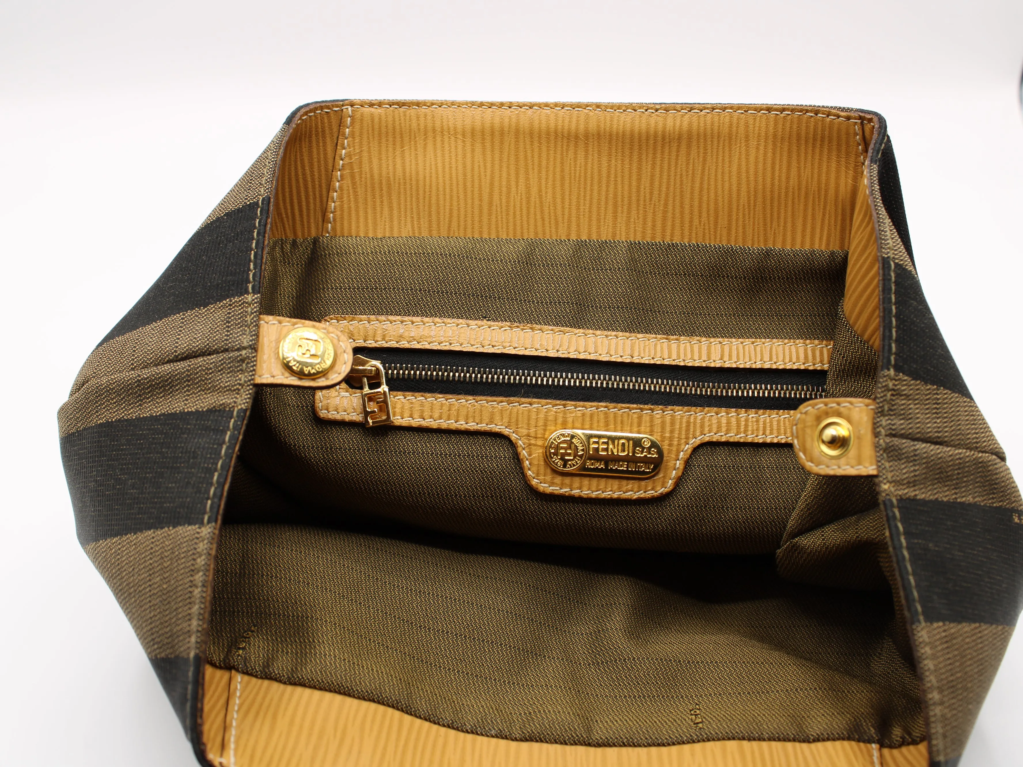 Fendi 2011 Pequin Striped Pattern Bucket Tote Brown Vintage