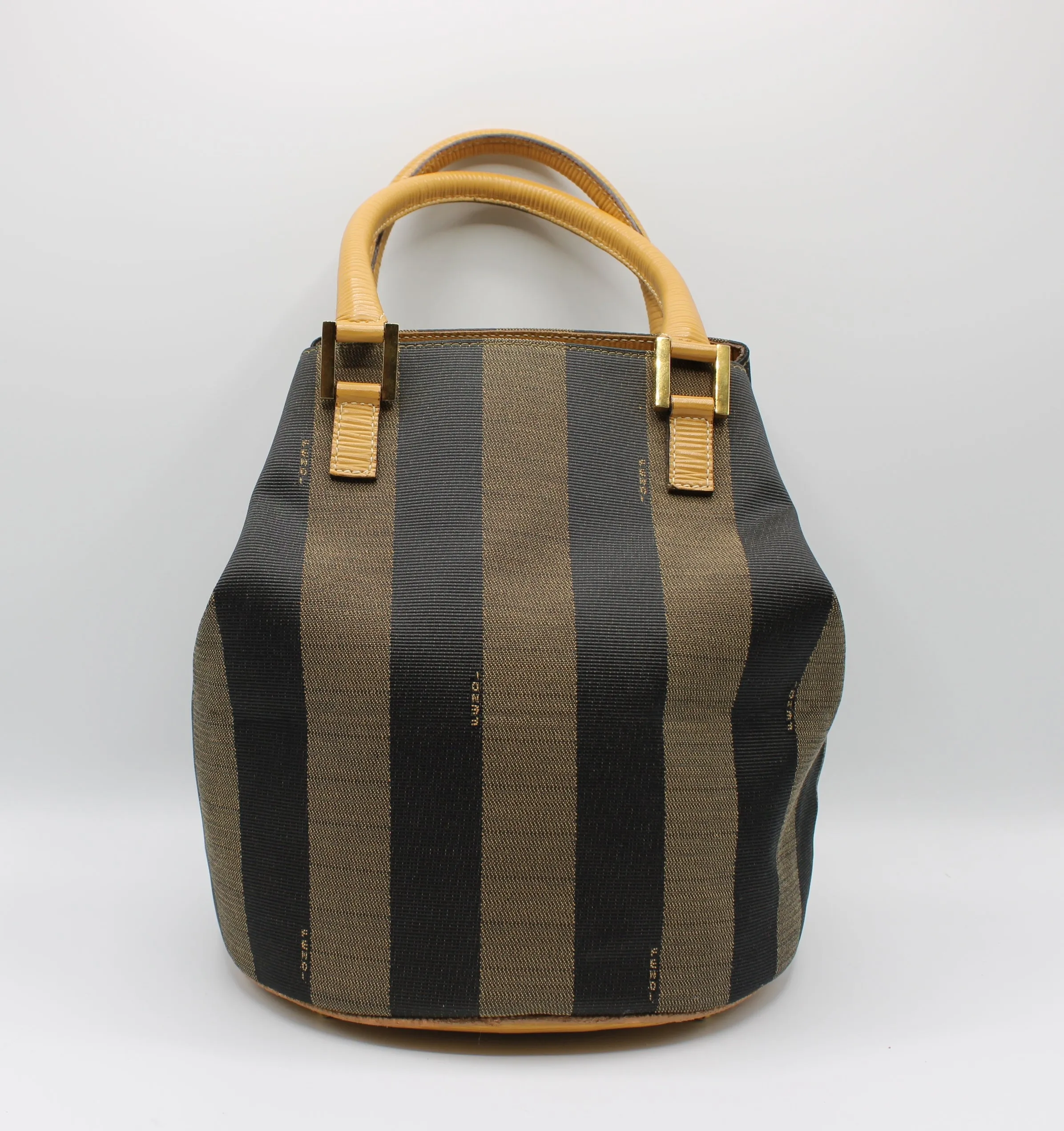 Fendi 2011 Pequin Striped Pattern Bucket Tote Brown Vintage