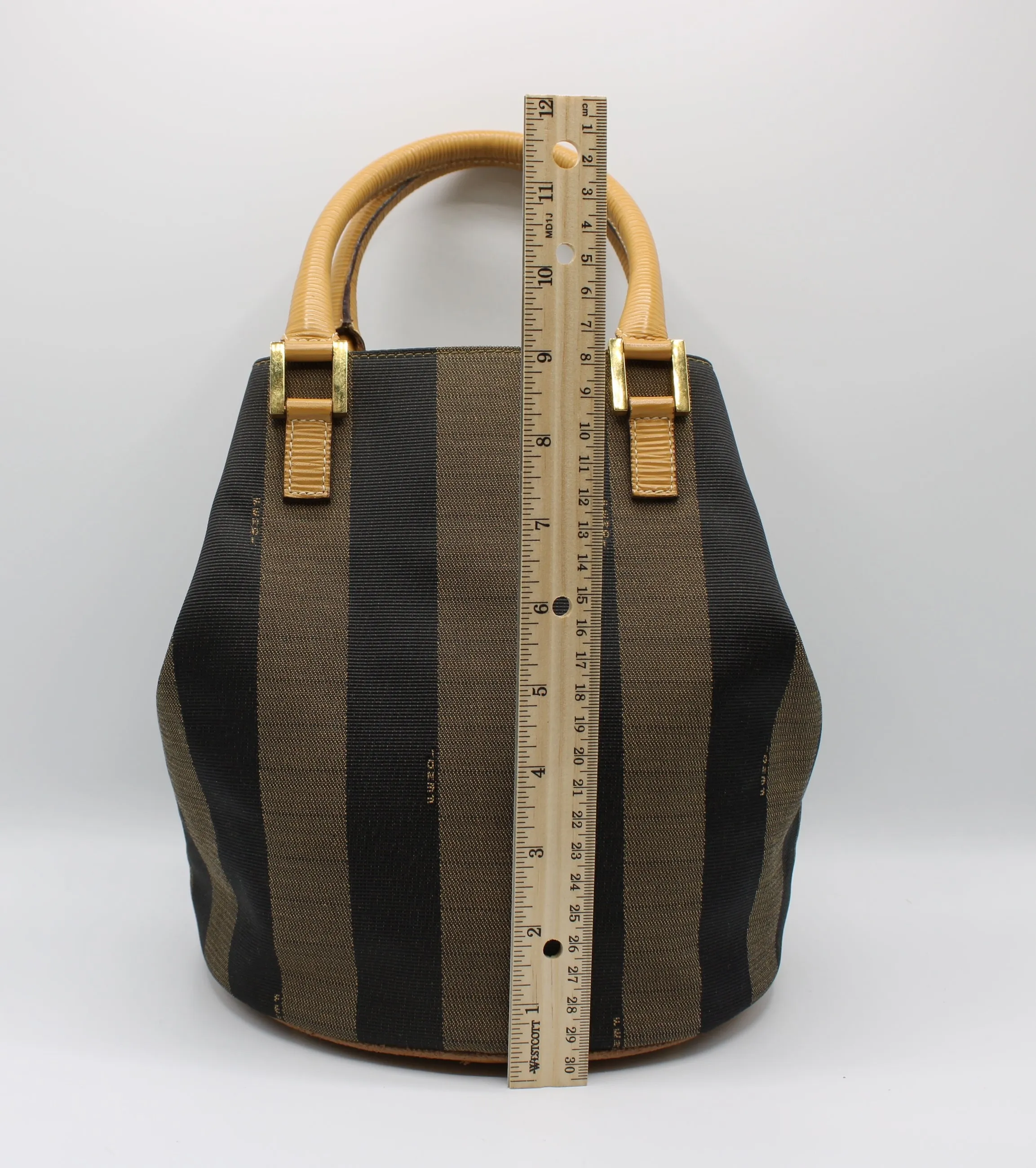 Fendi 2011 Pequin Striped Pattern Bucket Tote Brown Vintage