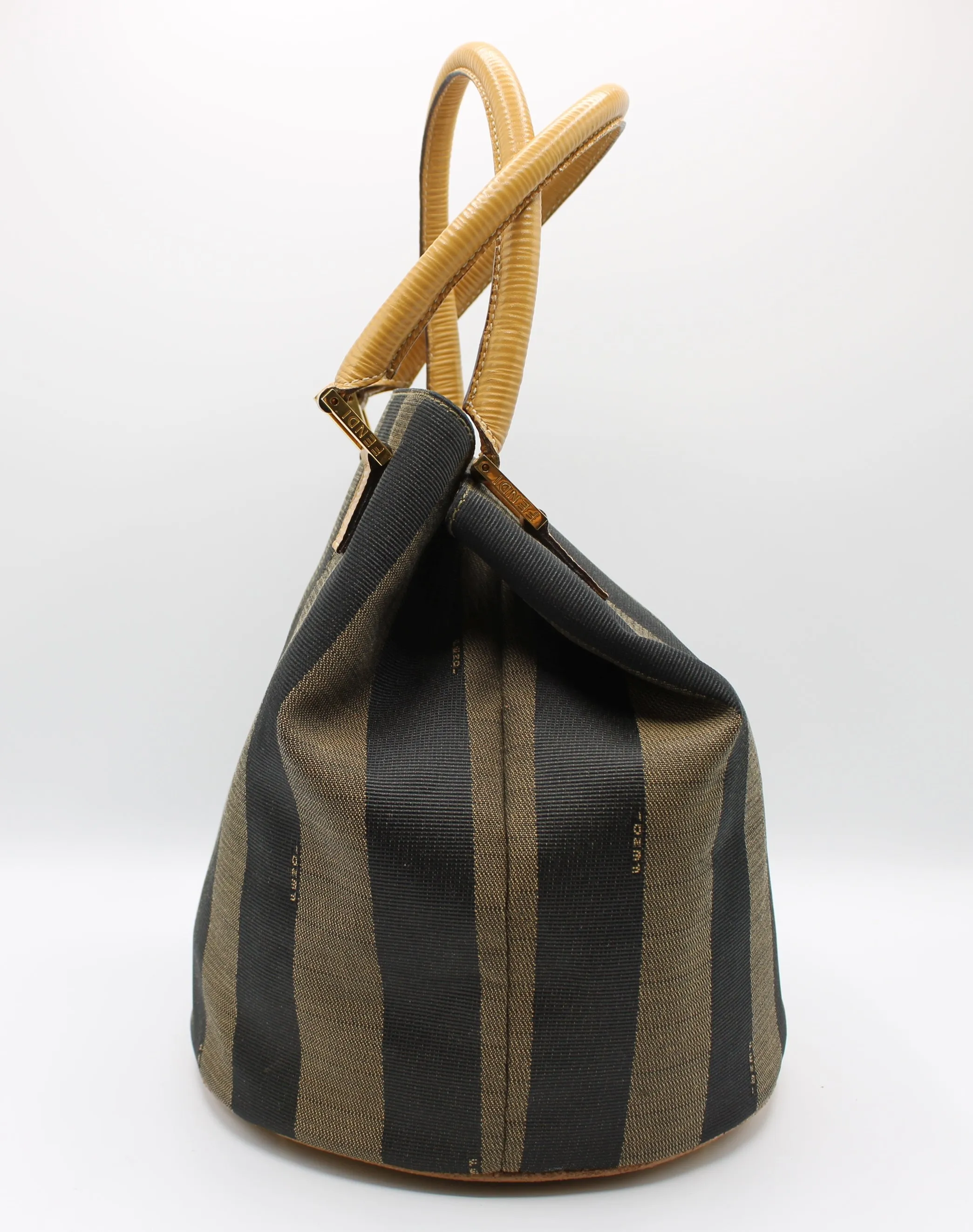 Fendi 2011 Pequin Striped Pattern Bucket Tote Brown Vintage