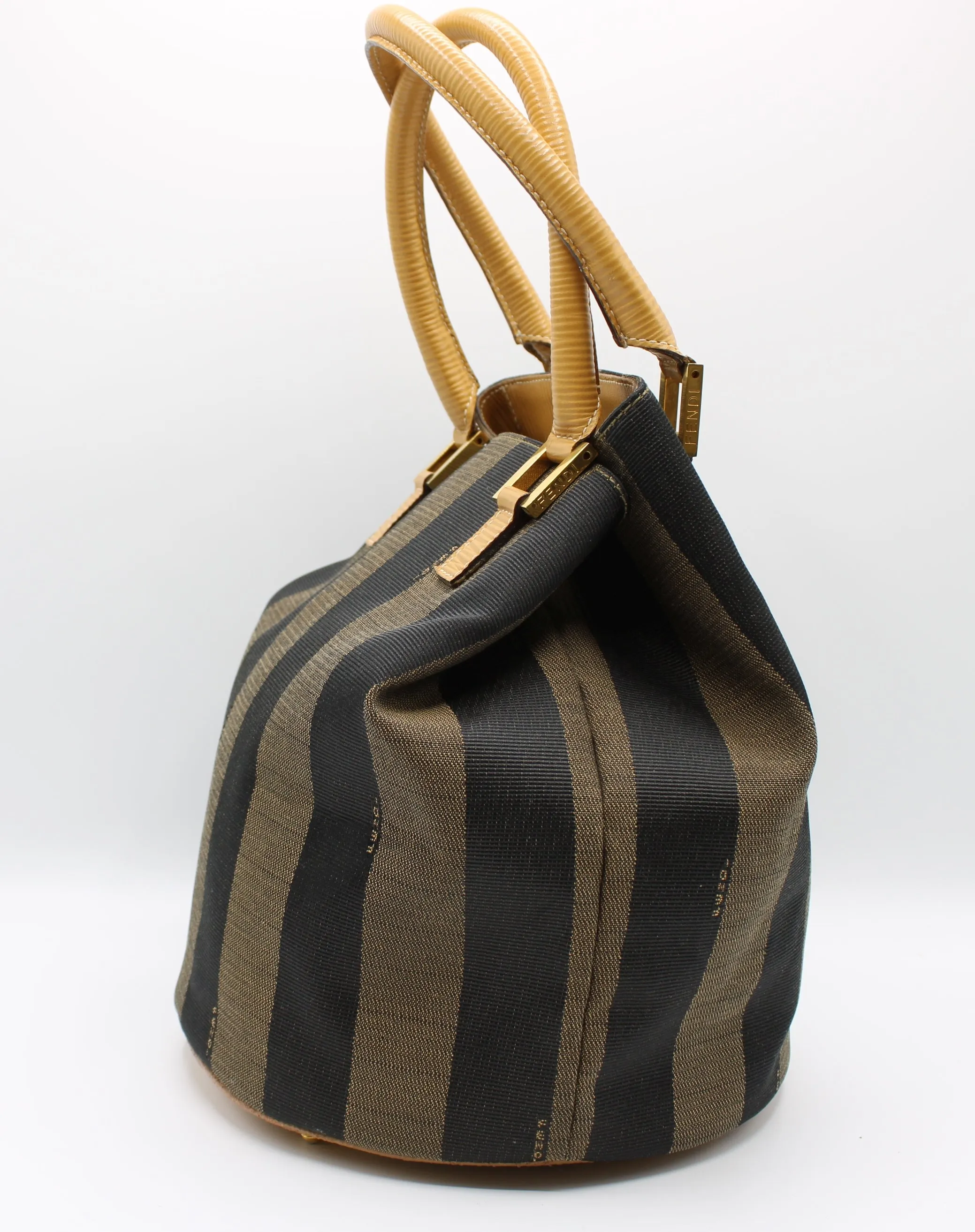Fendi 2011 Pequin Striped Pattern Bucket Tote Brown Vintage
