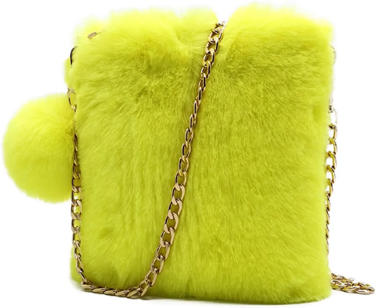 FHQHTHFaux Fur Purse for Women Fluffy Evening Bags Small Cute Crossbody Bag Cosmetic Bag Metal Chain Strap