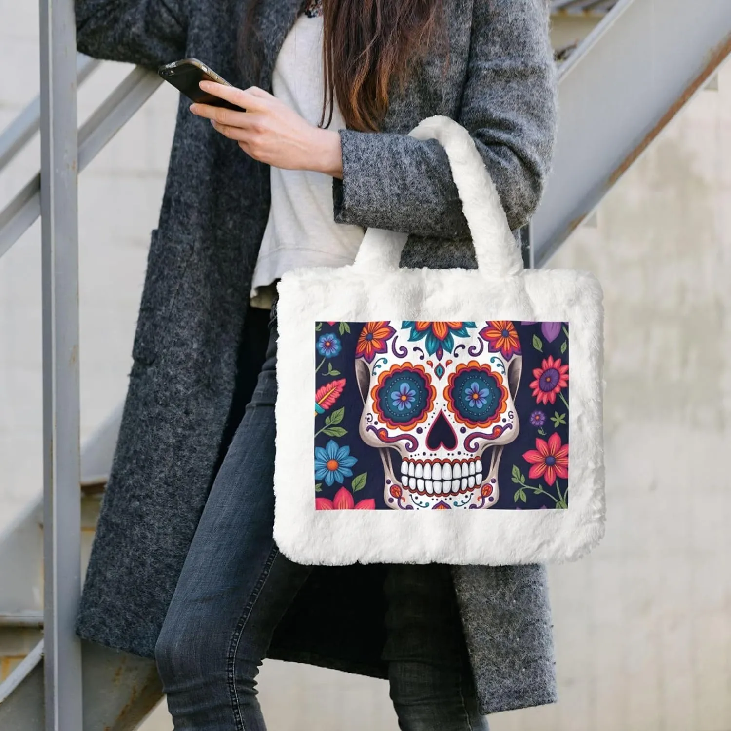 Fluffy Bag Fluffy Shoulder Bag Furry Plush Handbag Faux Fur Flower Tote Bag for Ladies Women