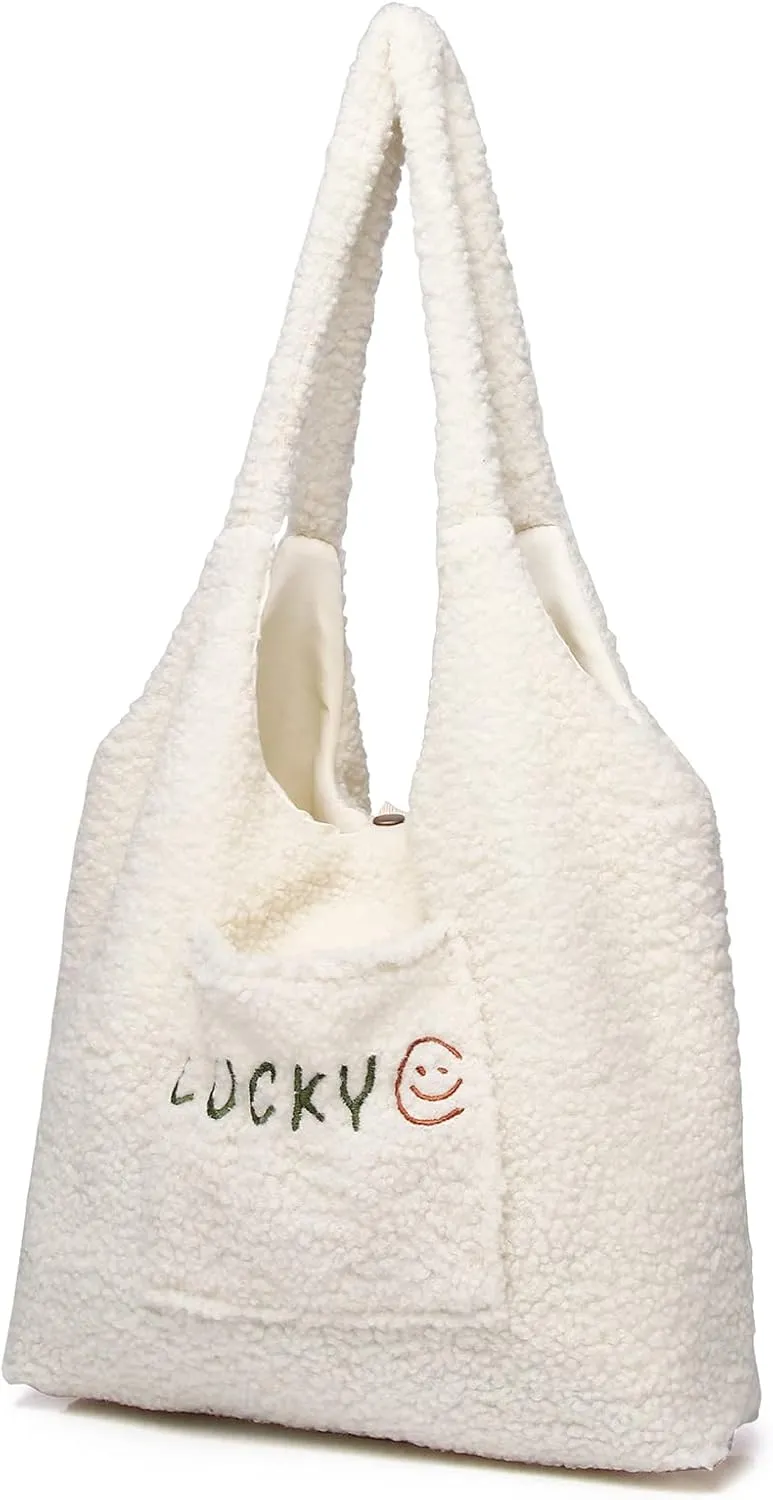 Fluffy Tote Bag for Women Girls, Kawaii Purse Cute Tote Bag Aesthetic, Soft Plush Shoulder Bag with Inner Pocket