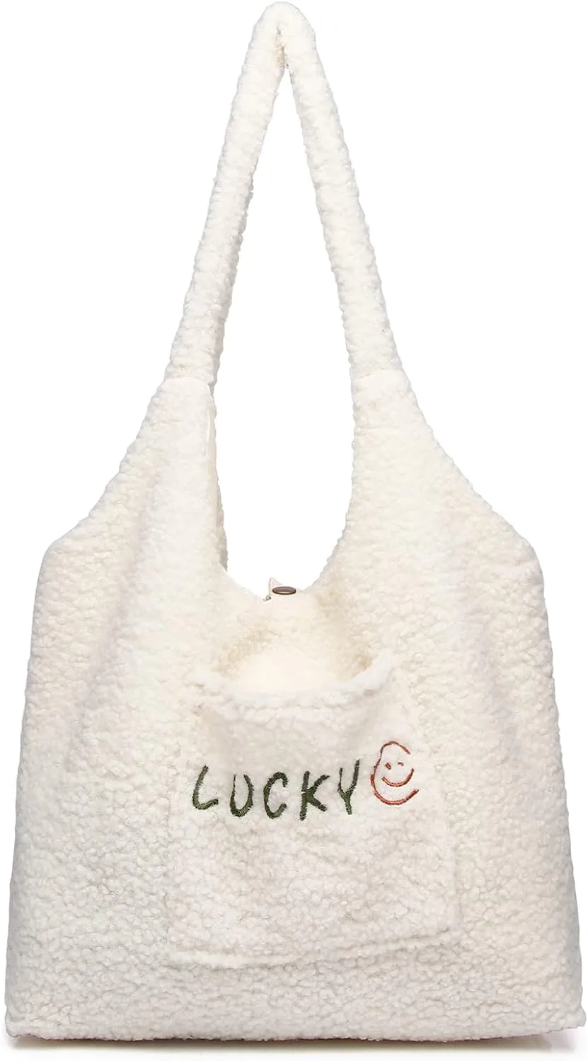 Fluffy Tote Bag for Women Girls, Kawaii Purse Cute Tote Bag Aesthetic, Soft Plush Shoulder Bag with Inner Pocket