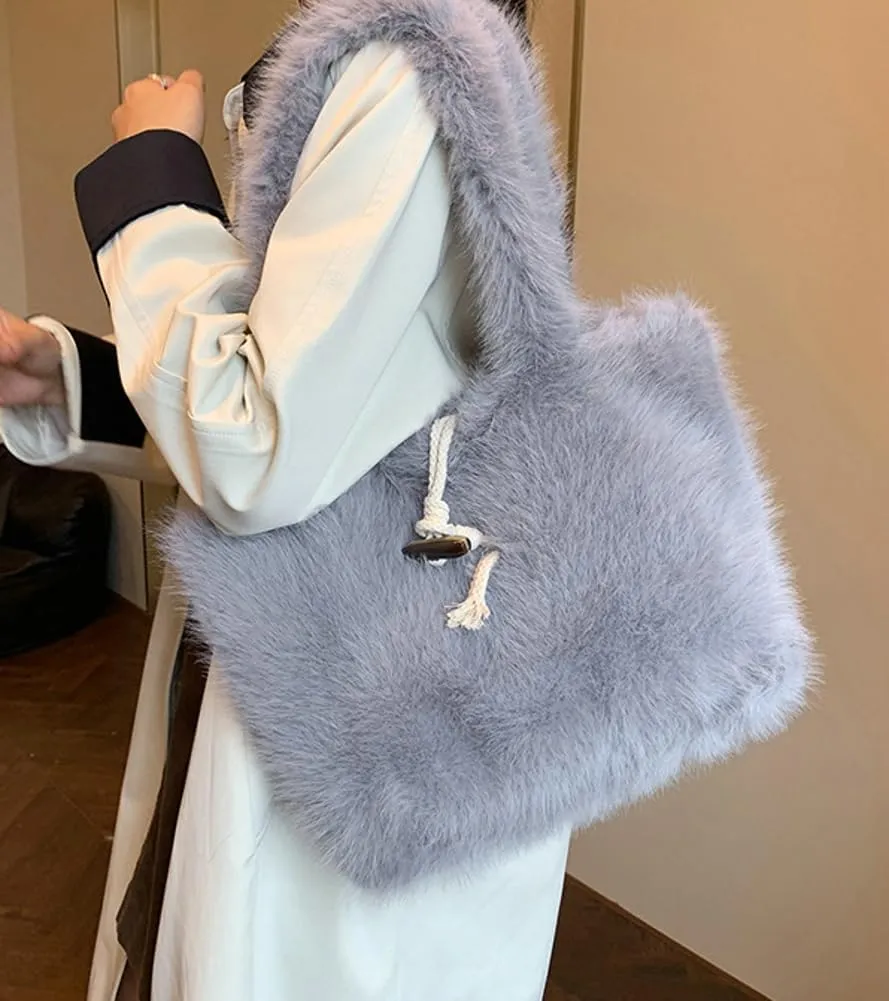 Fluffy Tote Bag for Women Large Plush Shoulder Purses Ladies Faux Fur Bag Top Handle Satchel Handbag Fall Winter