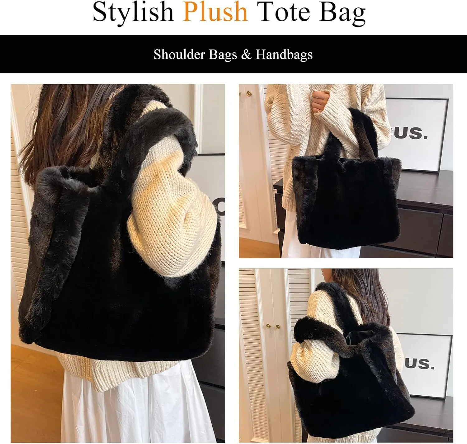 Fluffy Tote Bag Large Fur Purses for Women Winter Fuzzy Totes Furry Shoulder Handbag Plush Bags