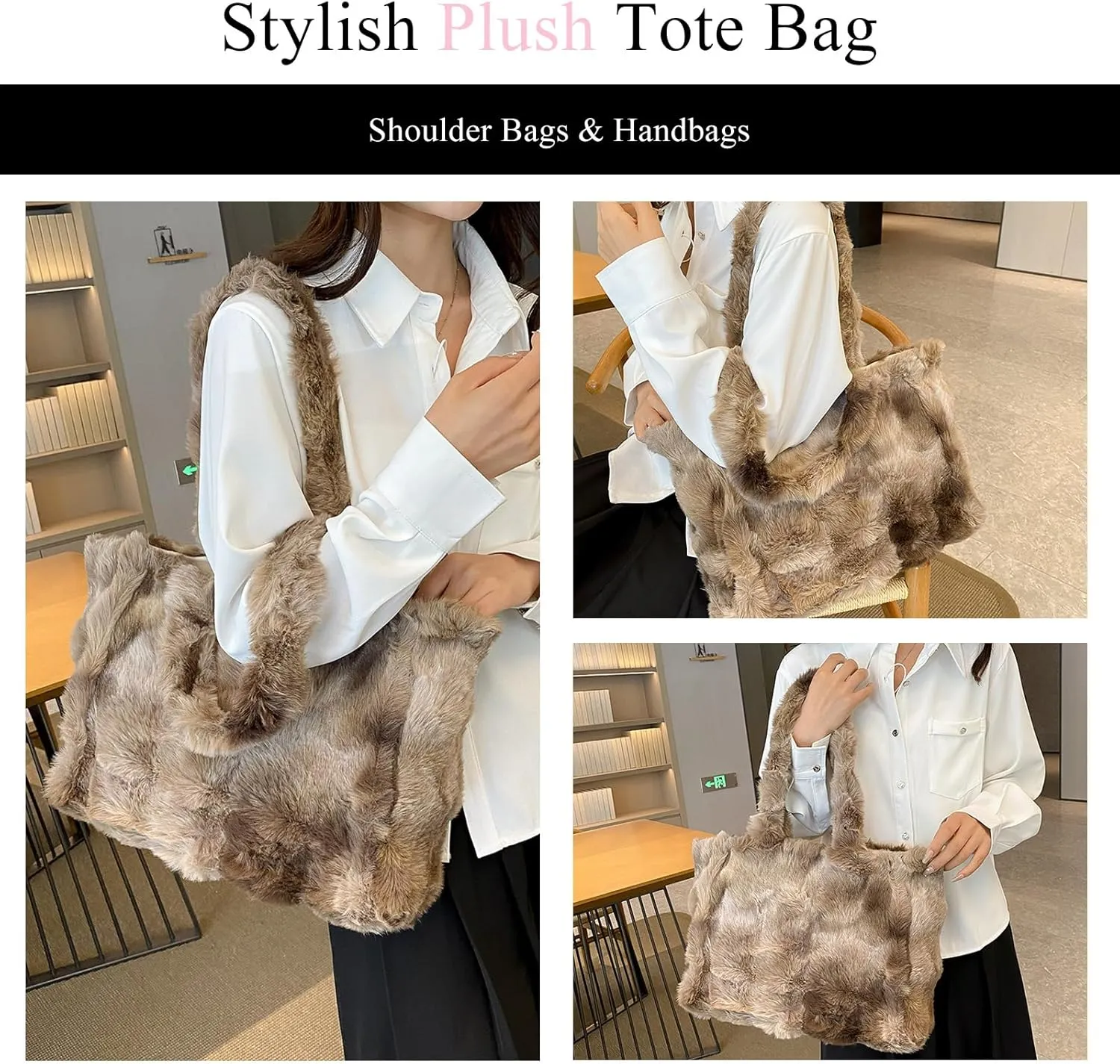 Fluffy Tote Bag Large Fur Purses for Women Winter Fuzzy Totes Furry Shoulder Handbag Plush Bags