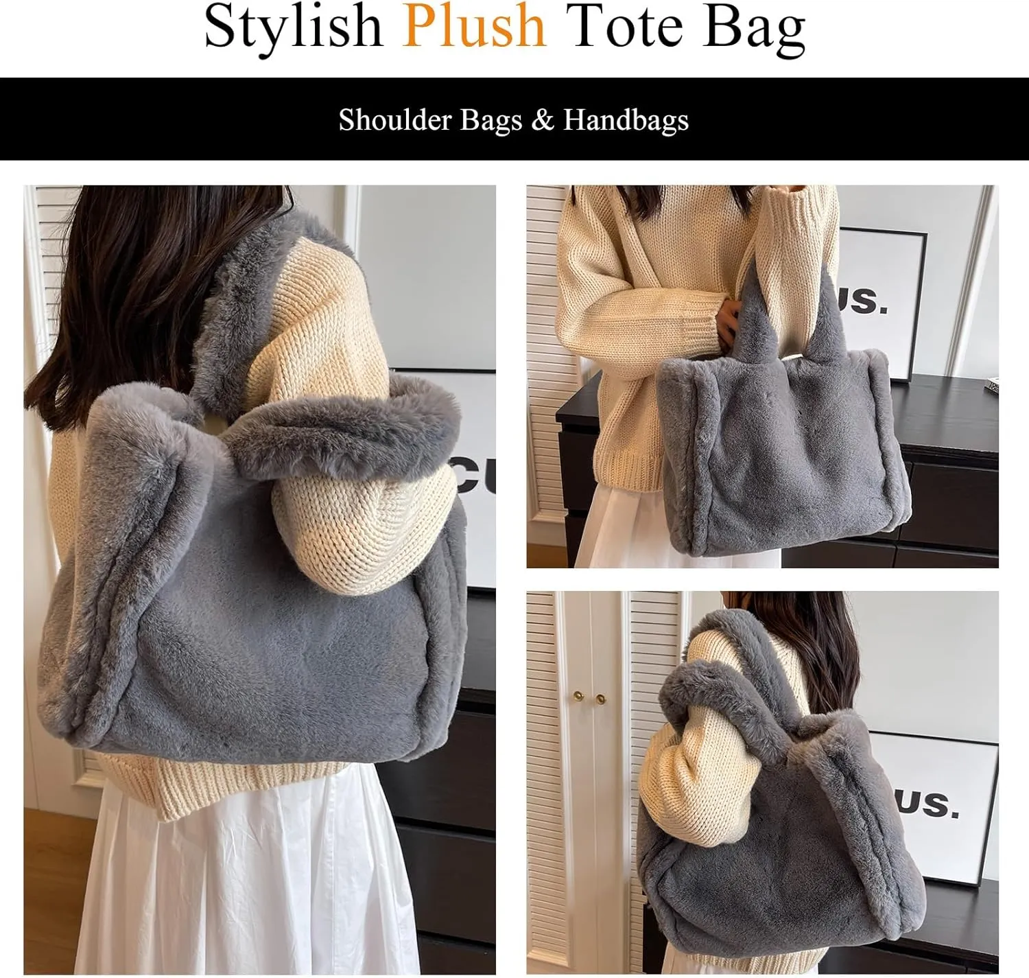 Fluffy Tote Bag Large Fur Purses for Women Winter Fuzzy Totes Furry Shoulder Handbag Plush Bags