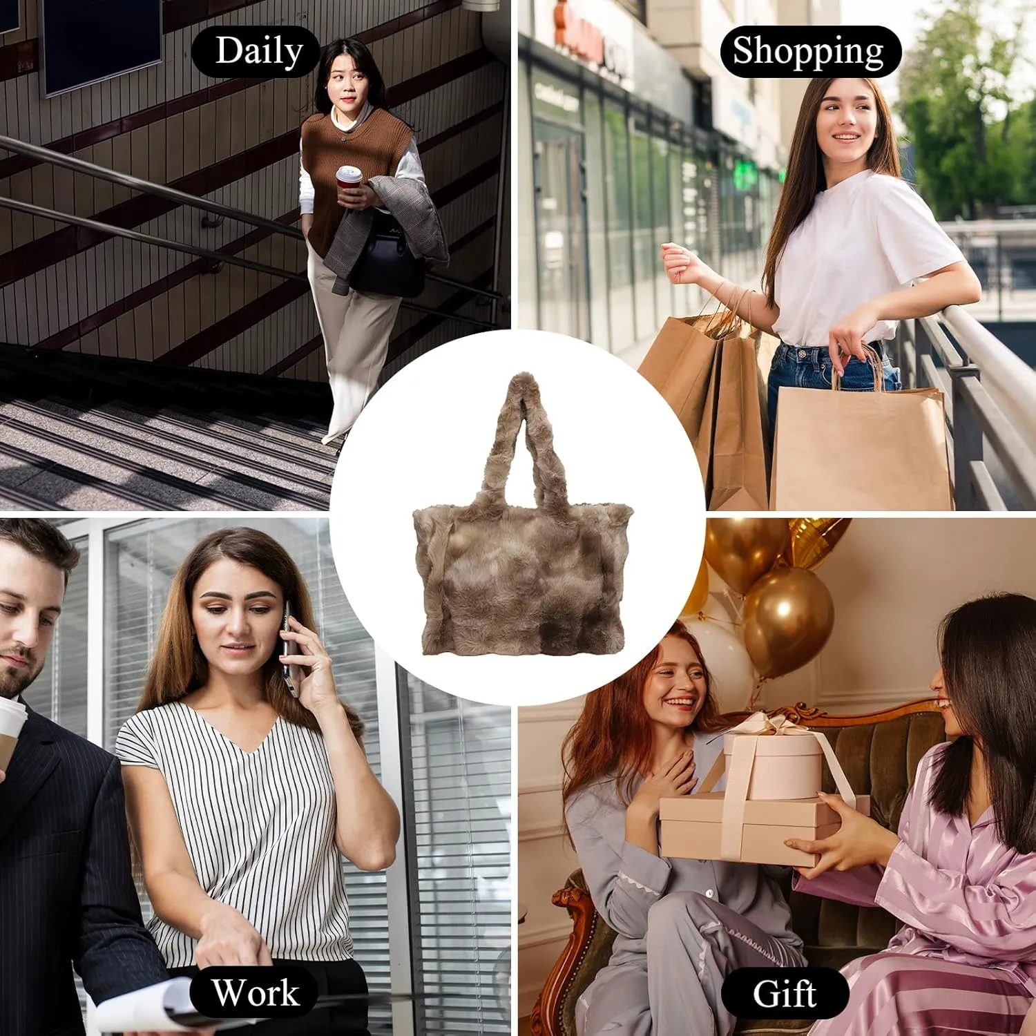 Fluffy Tote Bag Large Fur Purses for Women Winter Fuzzy Totes Furry Shoulder Handbag Plush Bags