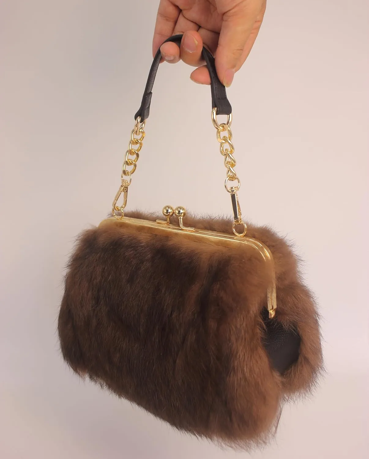 Fosrion Genuine Rabbit Fur Kisslock Handbag – Small Size, Multiple Patterns & Colors