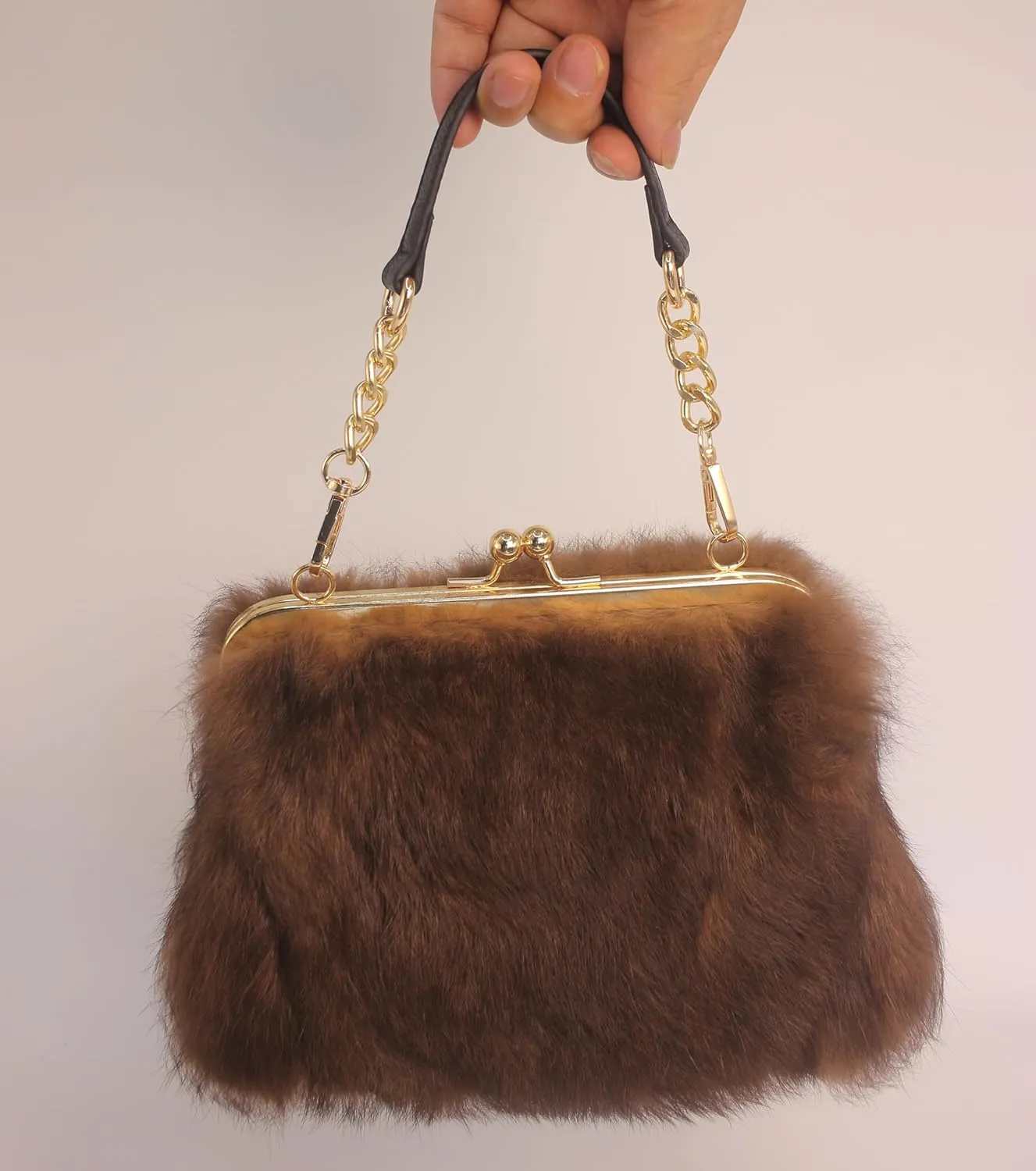 Fosrion Genuine Rabbit Fur Kisslock Handbag – Small Size, Multiple Patterns & Colors