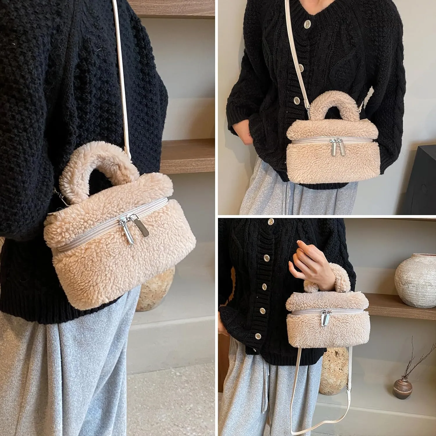Furry Purse for Women Faux Fur Bag Cute Lambswool Fuzzy Crossbody Bags Top-Handle Fluffy Handbag