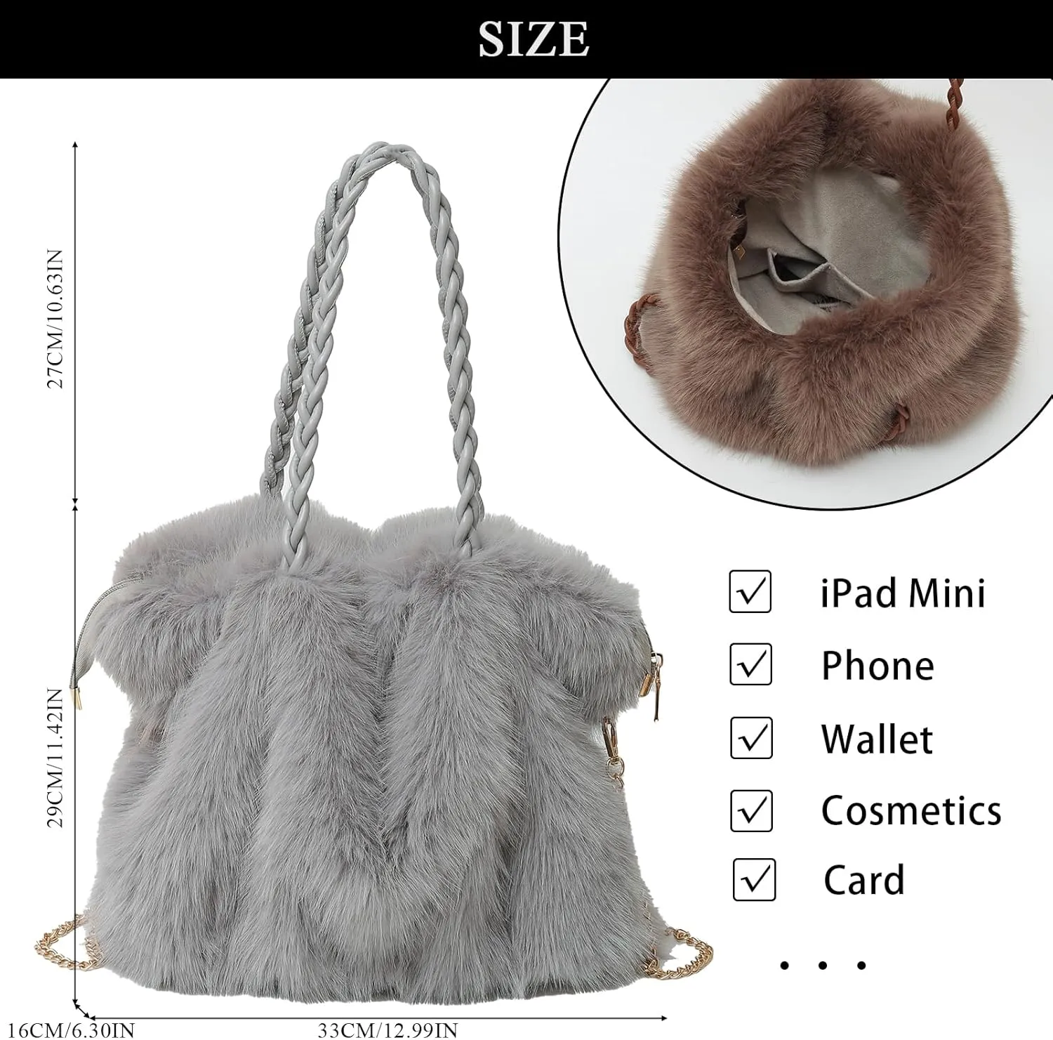 Furry Purse Winter Fluffy Bags for Women Fuzzy Tote Bag Handbags Faux Fur Bag Fluffy Shoulder Crossbody Bag