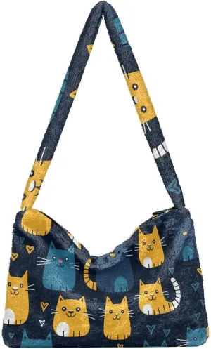GAIGEO Cat Cartoon on Blue Black Ladies Shoulder Bag, Shoulder Purse with Zipper, Womens Outdoor Bag