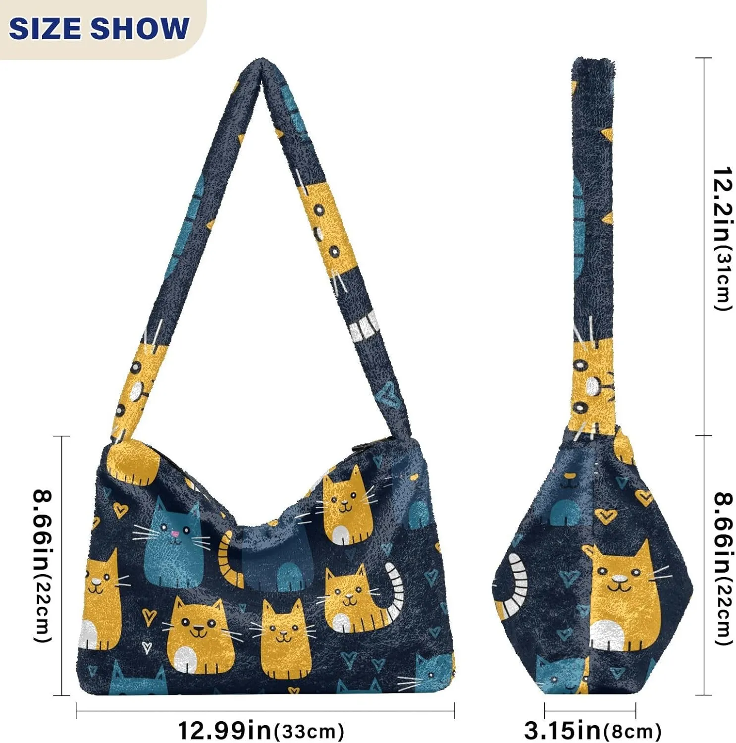 GAIGEO Cat Cartoon on Blue Black Ladies Shoulder Bag, Shoulder Purse with Zipper, Womens Outdoor Bag