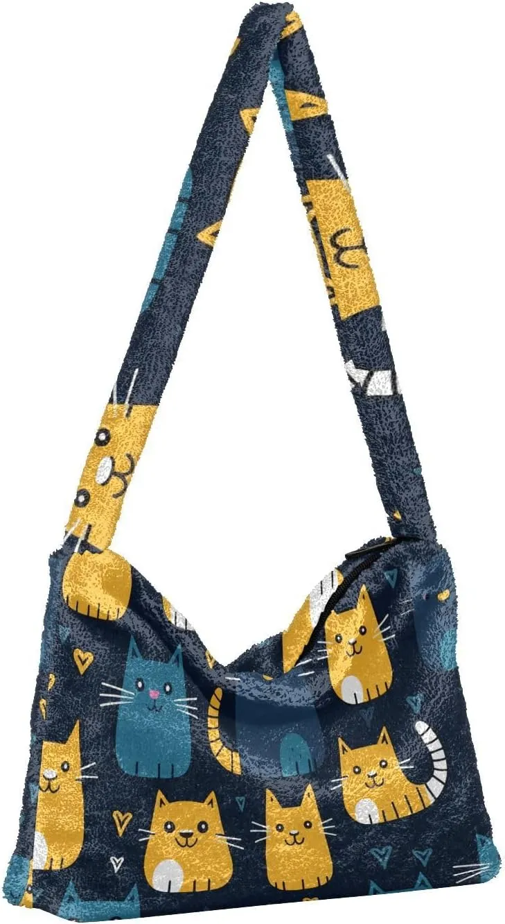 GAIGEO Cat Cartoon on Blue Black Ladies Shoulder Bag, Shoulder Purse with Zipper, Womens Outdoor Bag