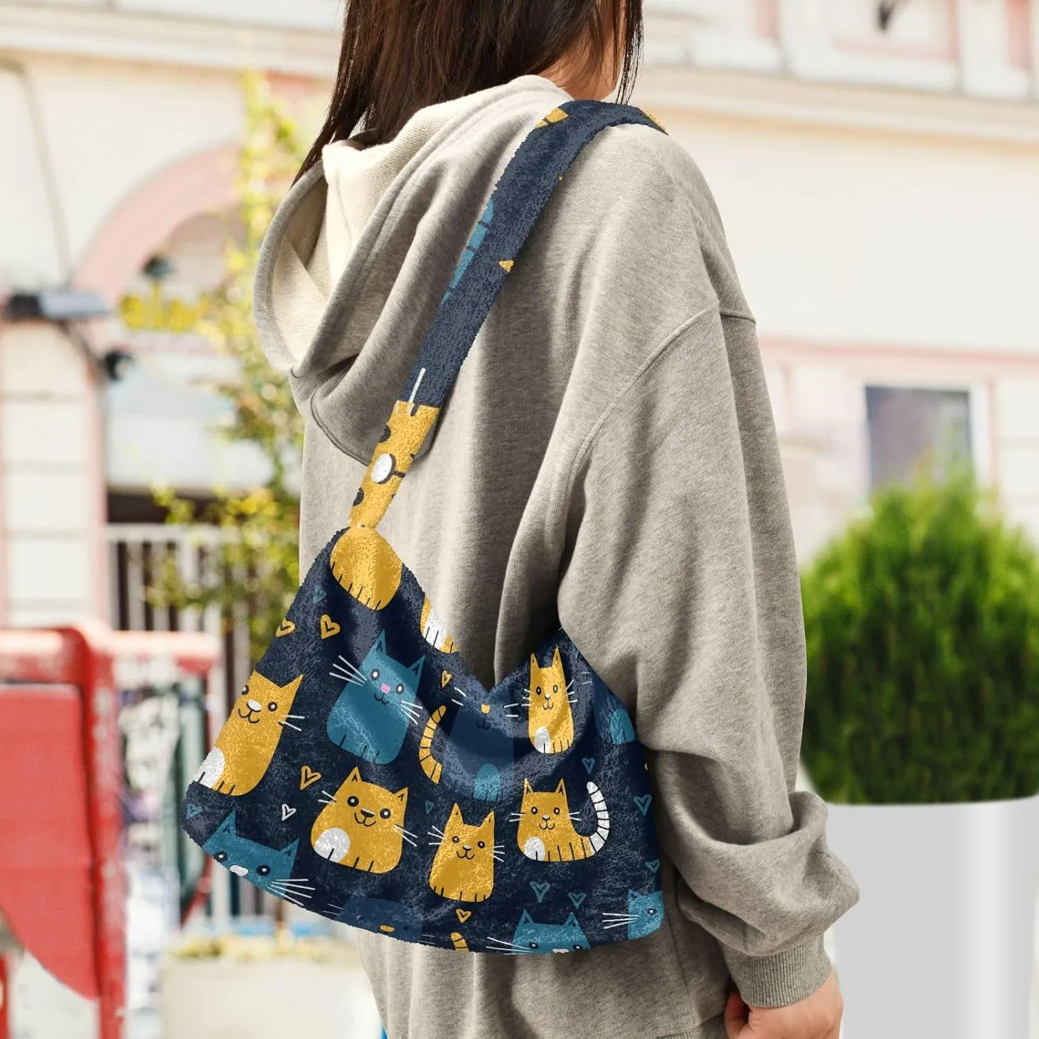 GAIGEO Cat Cartoon on Blue Black Ladies Shoulder Bag, Shoulder Purse with Zipper, Womens Outdoor Bag