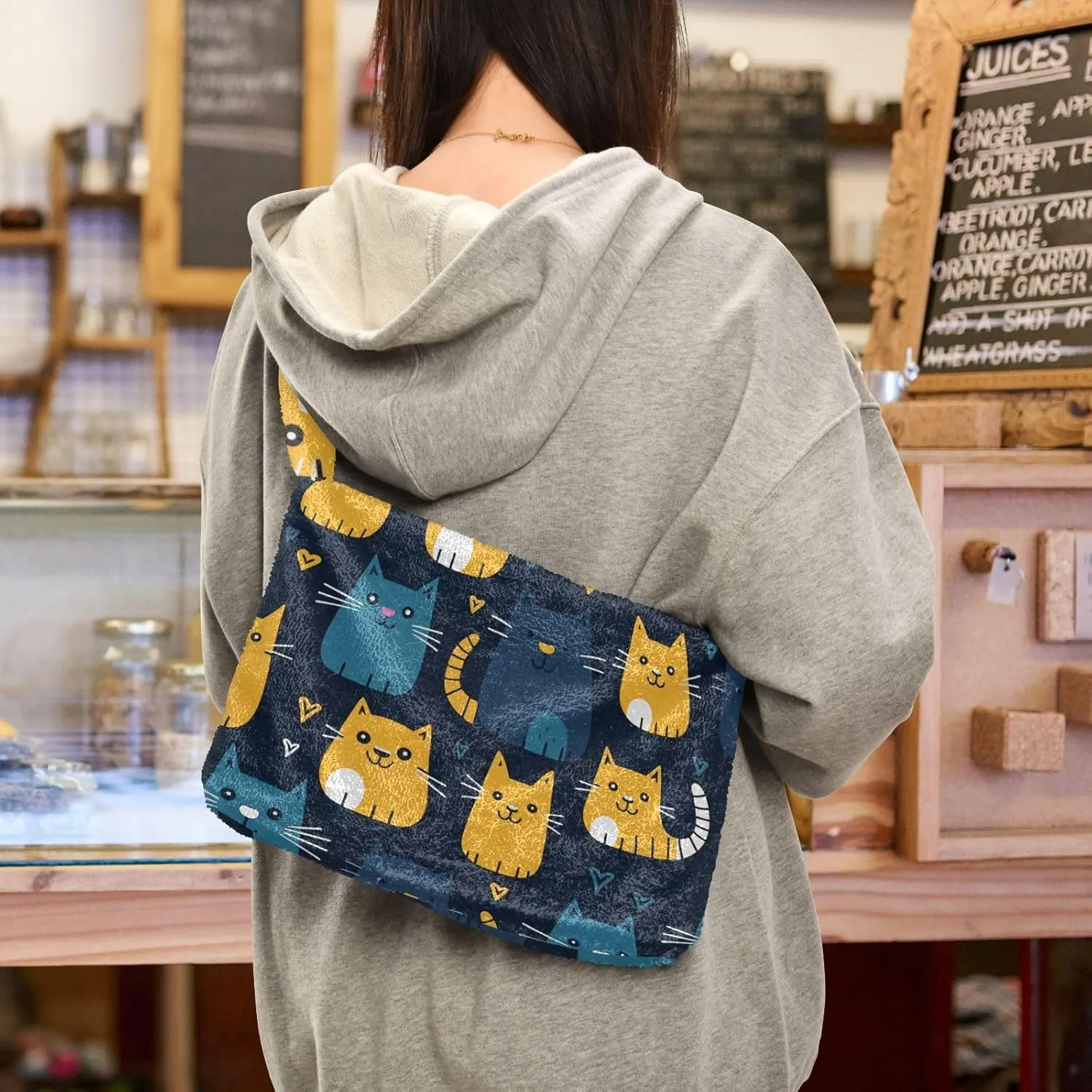 GAIGEO Cat Cartoon on Blue Black Ladies Shoulder Bag, Shoulder Purse with Zipper, Womens Outdoor Bag