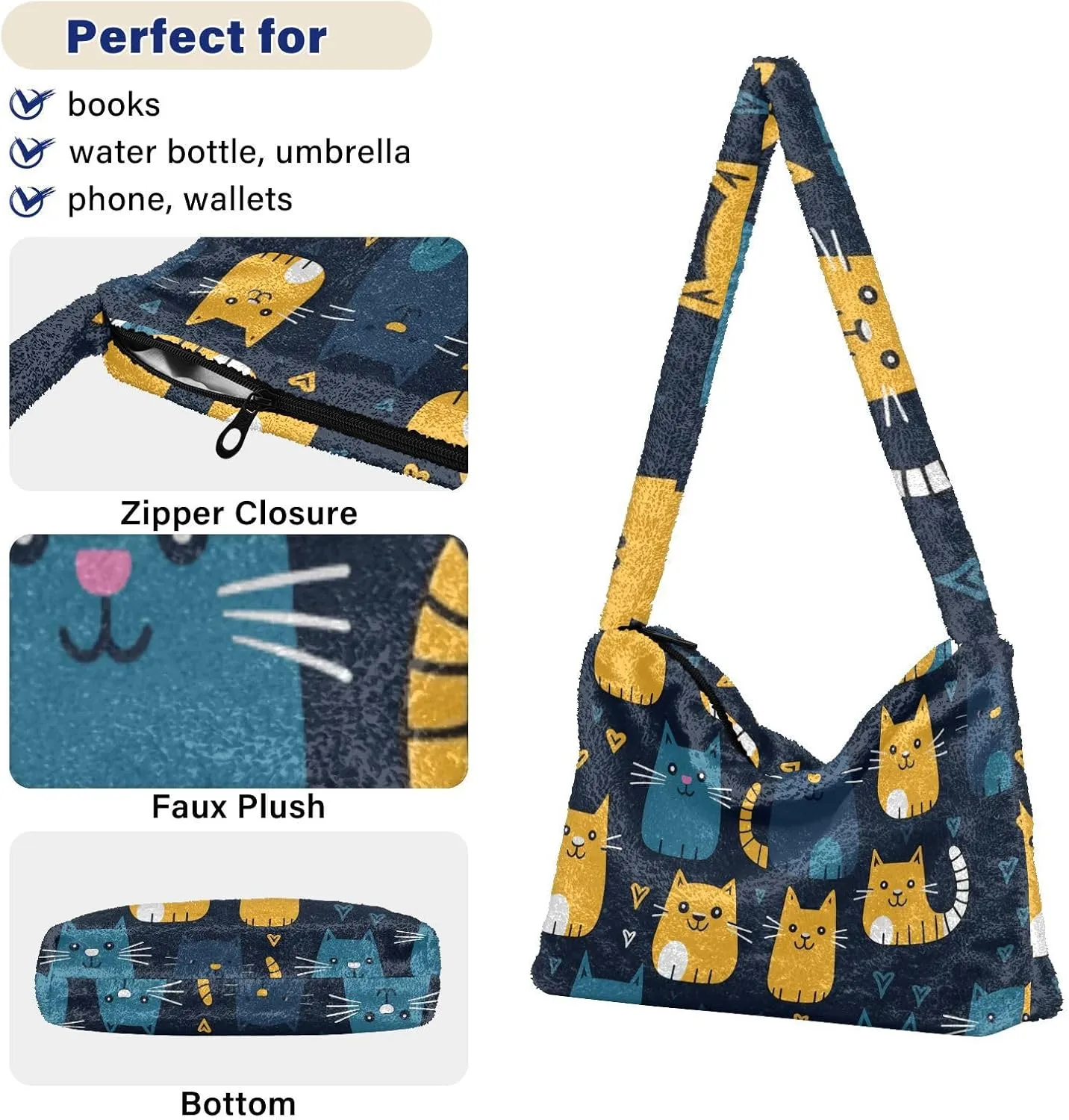 GAIGEO Cat Cartoon on Blue Black Ladies Shoulder Bag, Shoulder Purse with Zipper, Womens Outdoor Bag