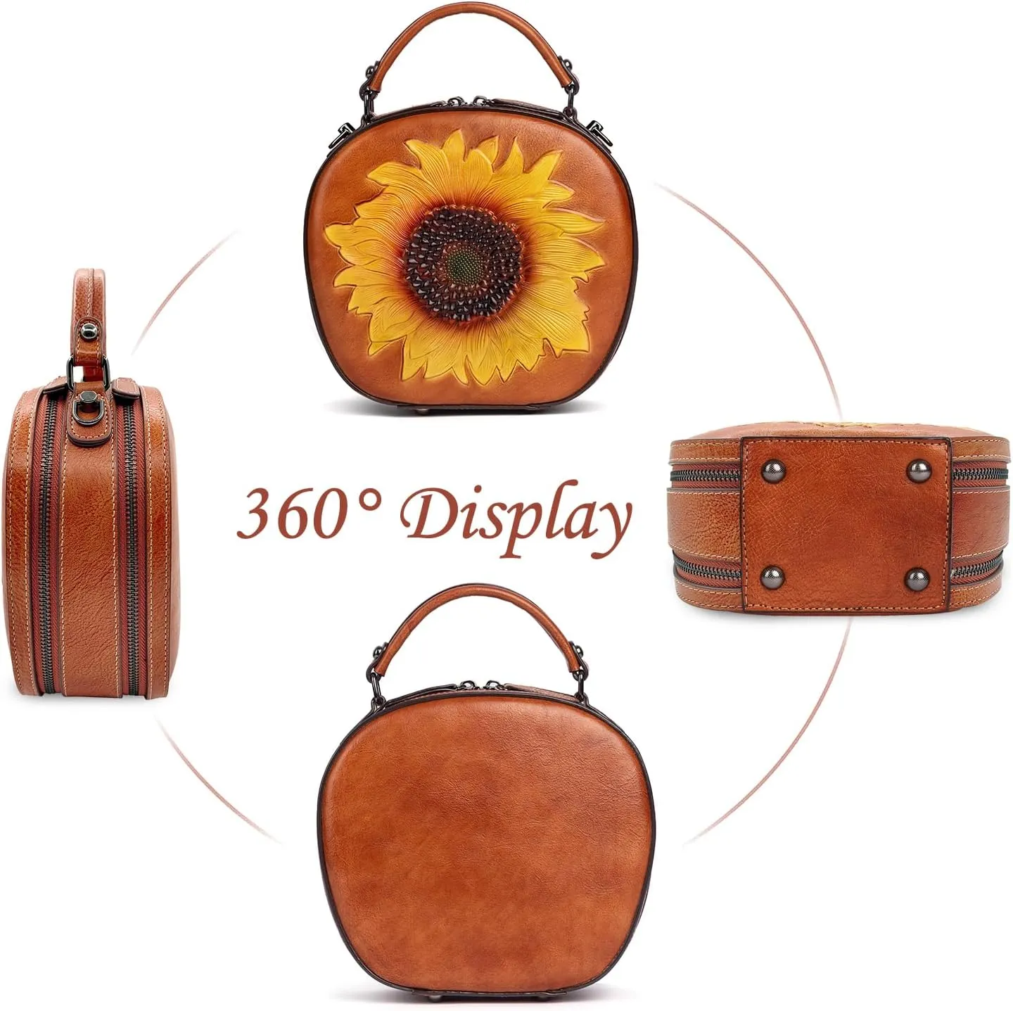 Genuine Leather Vintage Bag for Women: Cowhide Leather Crossbody Purse - Sunflower Embossed Handbag