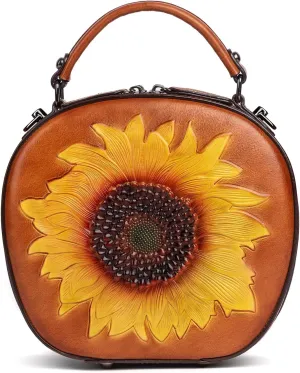 Genuine Leather Vintage Bag for Women: Cowhide Leather Crossbody Purse - Sunflower Embossed Handbag