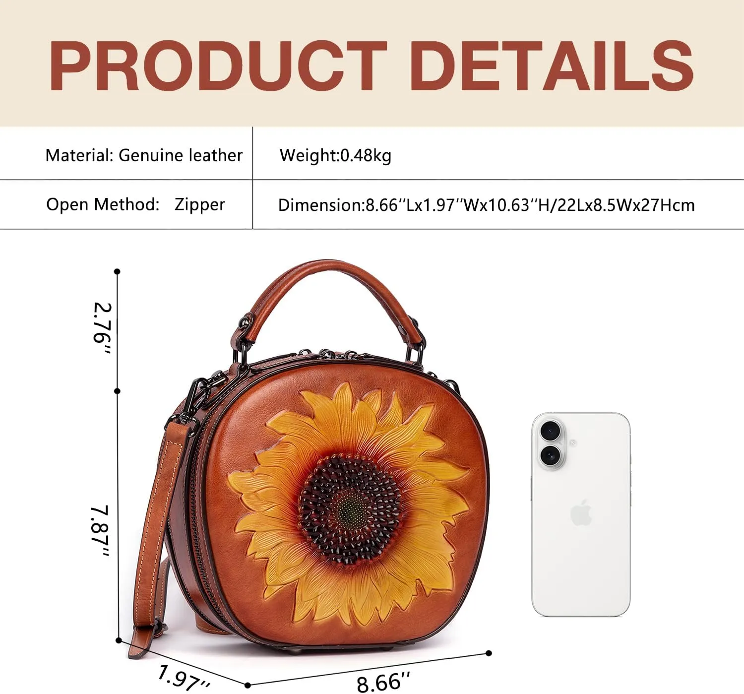 Genuine Leather Vintage Bag for Women: Cowhide Leather Crossbody Purse - Sunflower Embossed Handbag