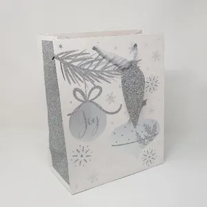 Gift Wrap - Gift Bag / Large - Silver Branch & Christmas Baubles