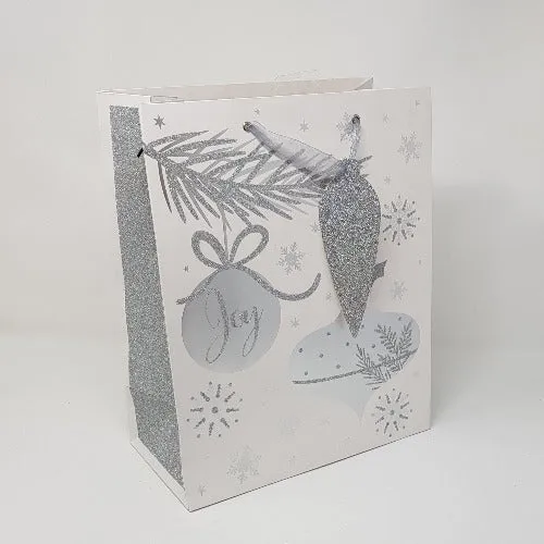 Gift Wrap - Gift Bag / Large - Silver Branch & Christmas Baubles