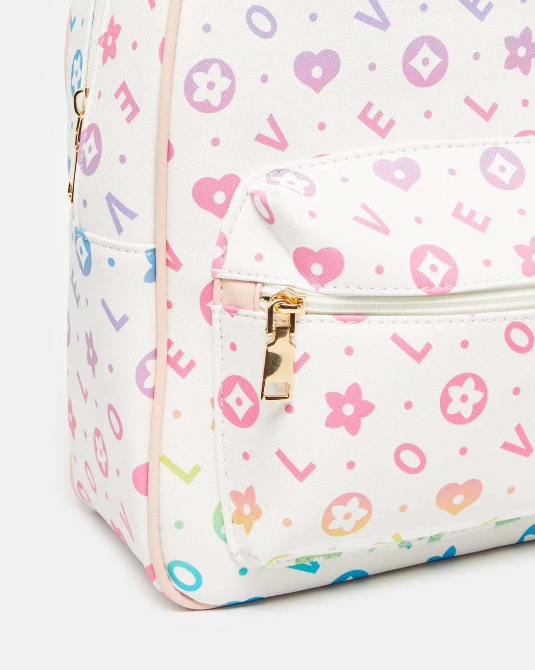 Girls White Printed Backpack