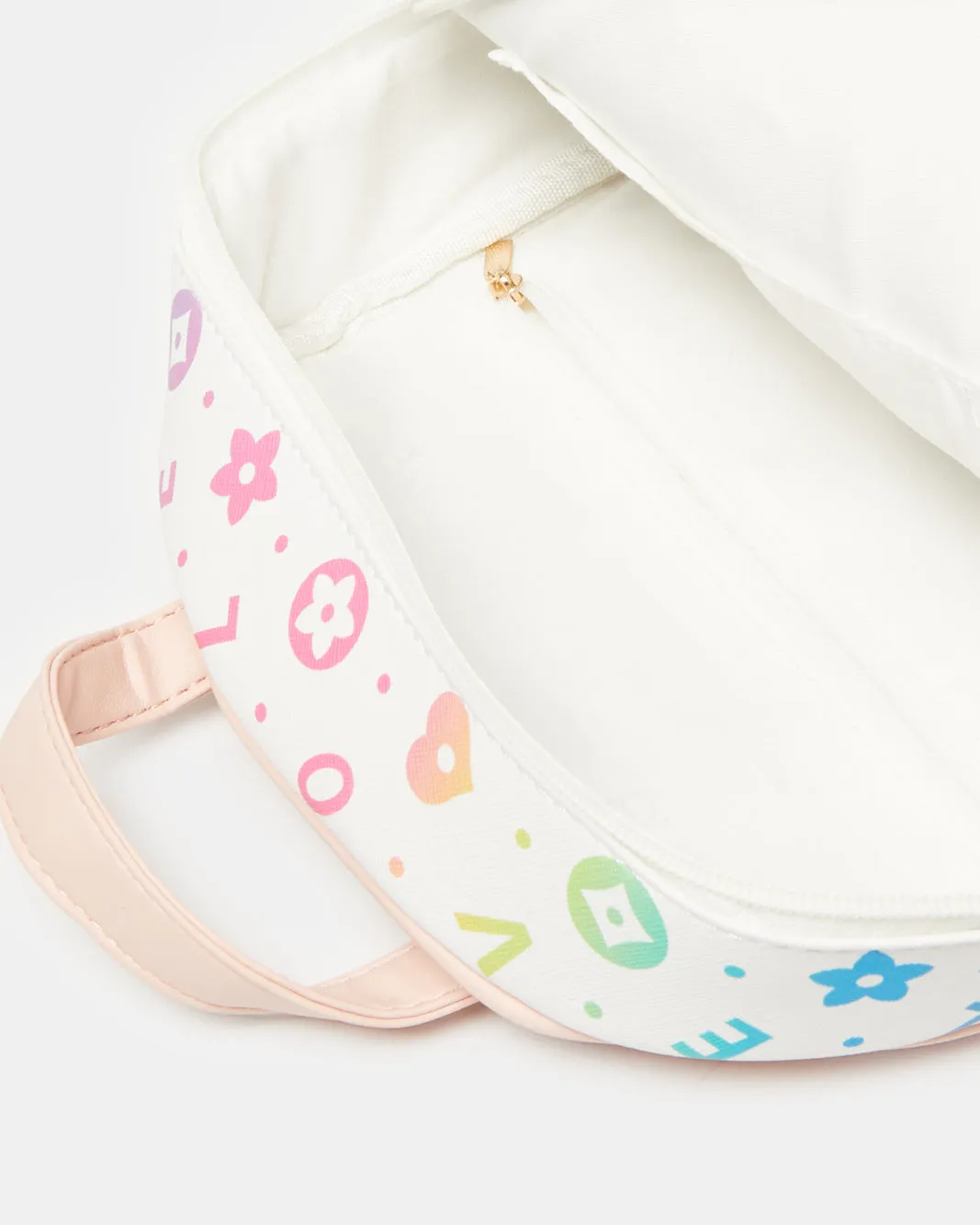 Girls White Printed Backpack