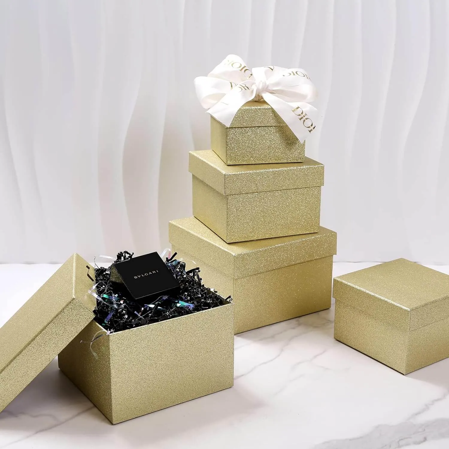 Gold Glittered Christmas Nesting Gift Box, Set of 5