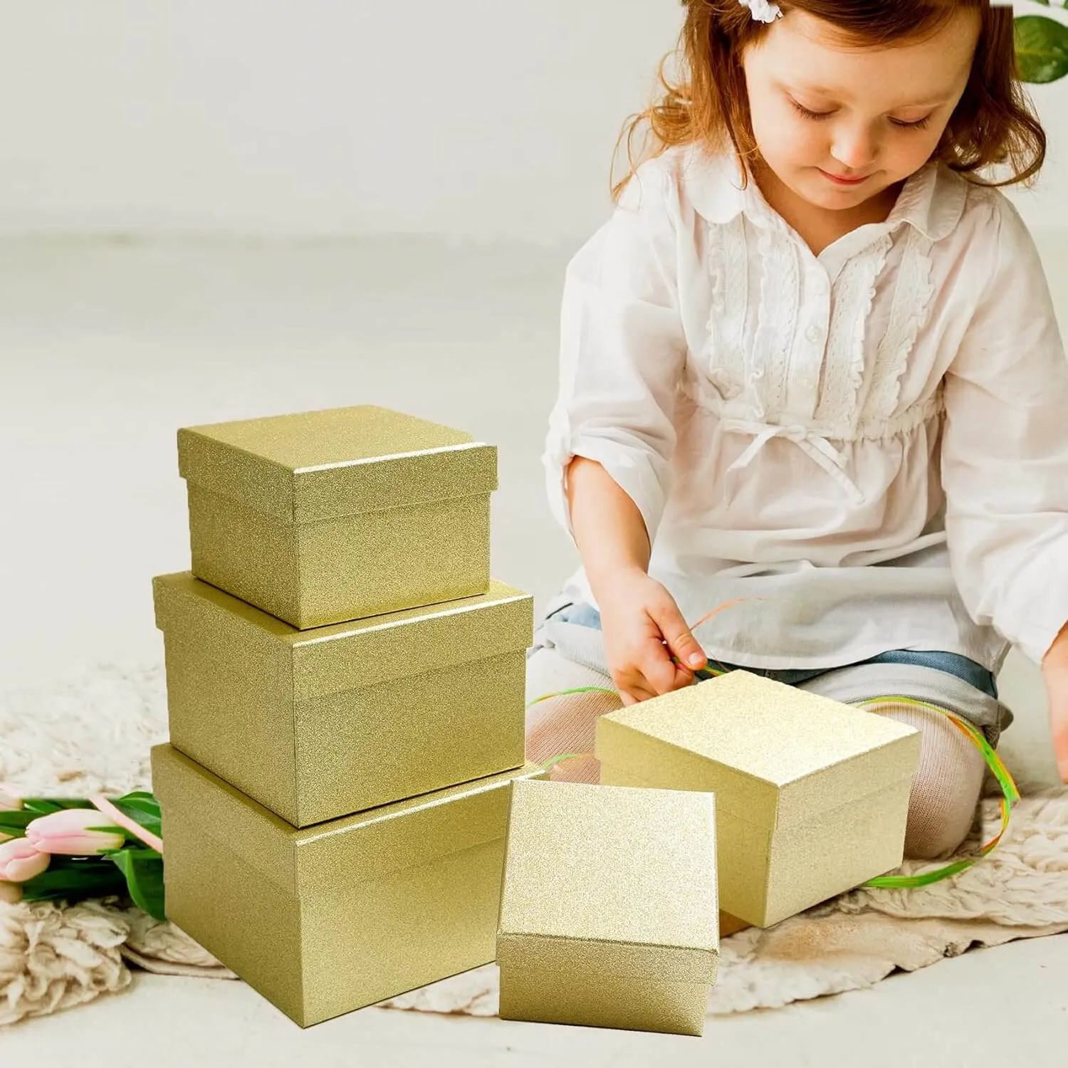 Gold Glittered Christmas Nesting Gift Box, Set of 5