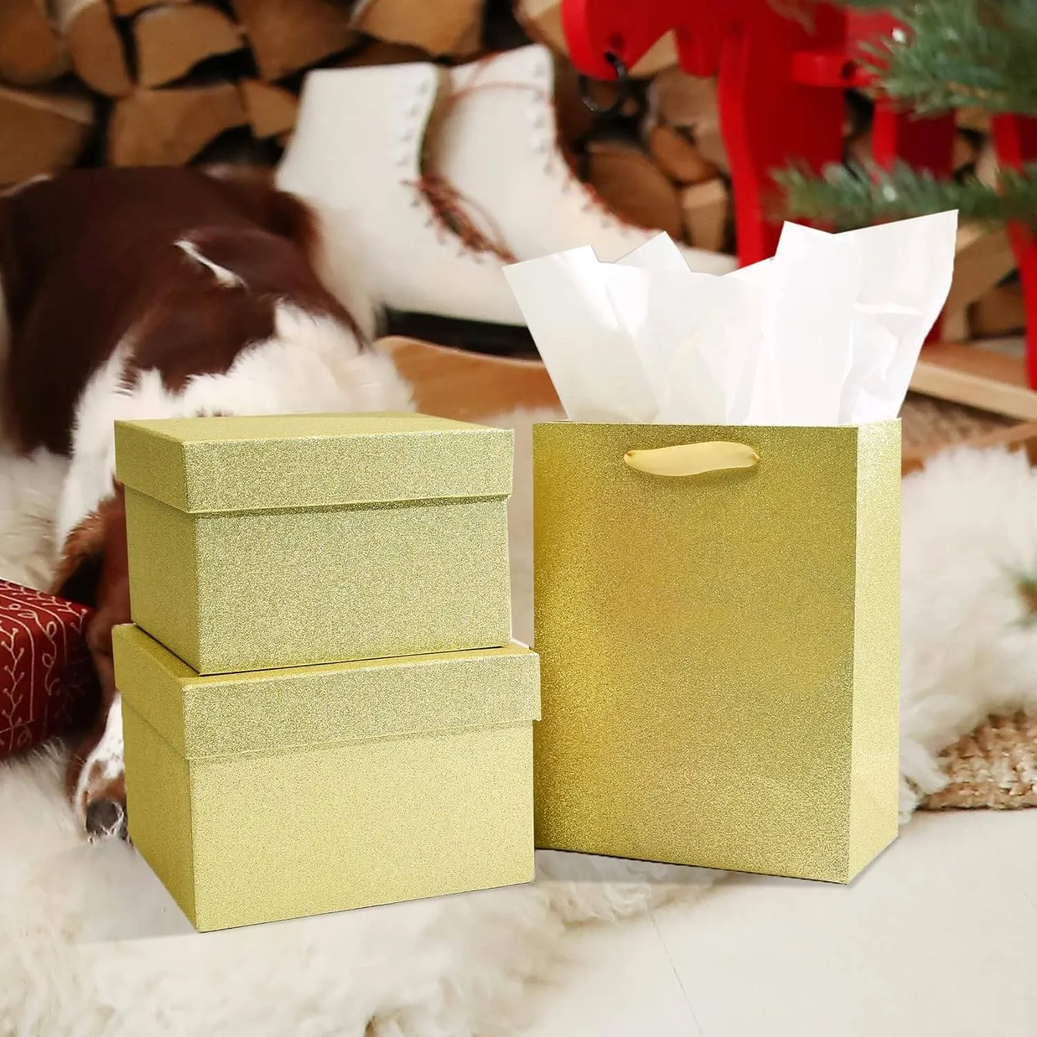 Gold Glittered Christmas Nesting Gift Box, Set of 5
