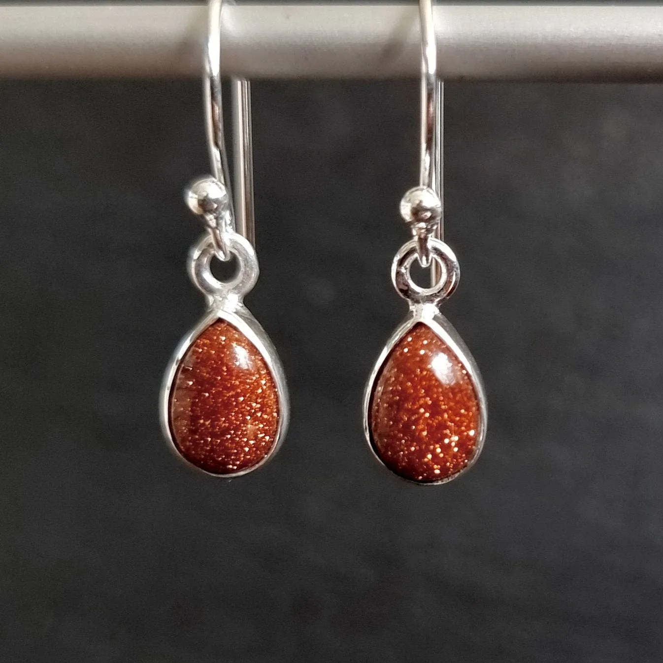 Goldstone Teardrop 9mm x 6mm 925 Silver Earrings, E5GS