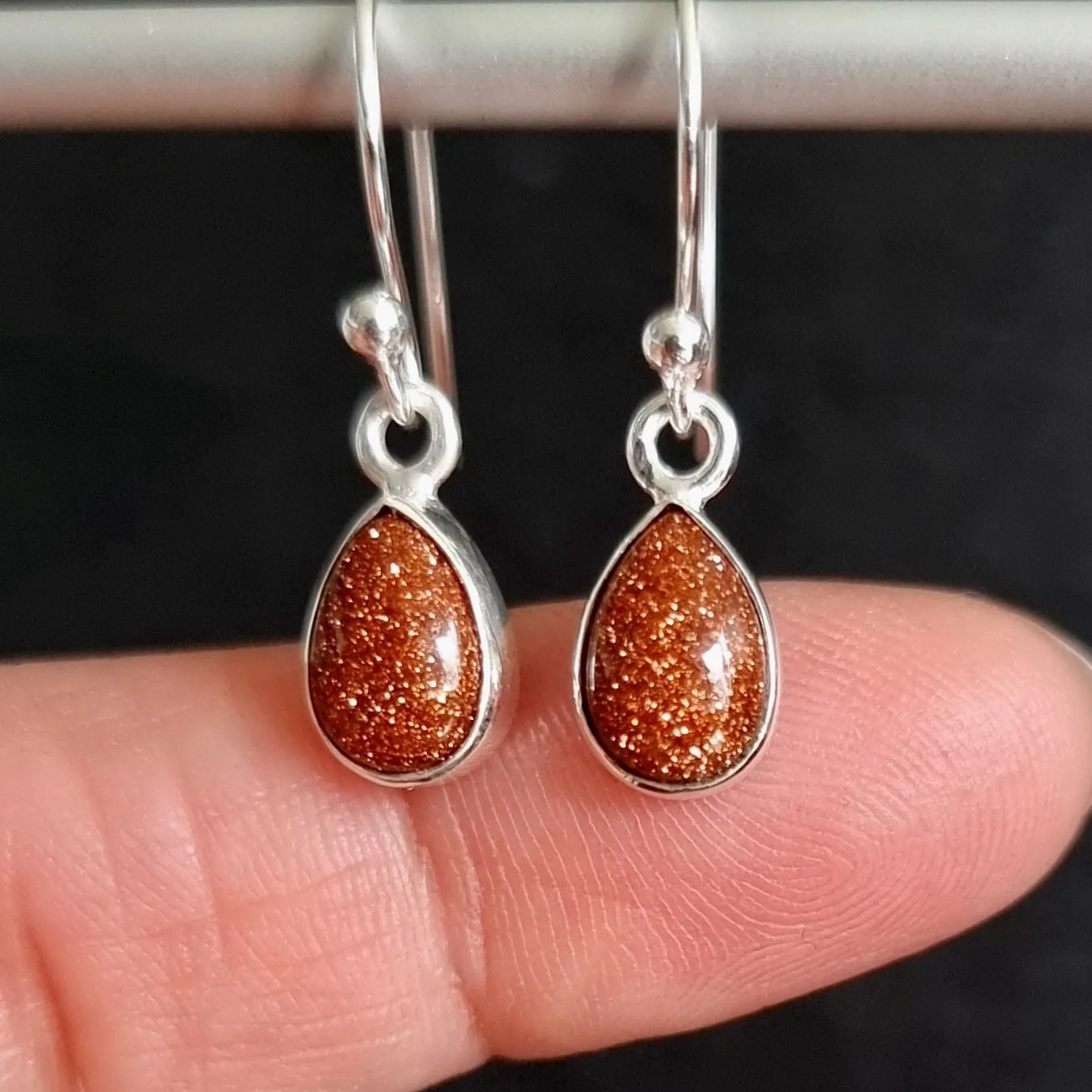 Goldstone Teardrop 9mm x 6mm 925 Silver Earrings, E5GS