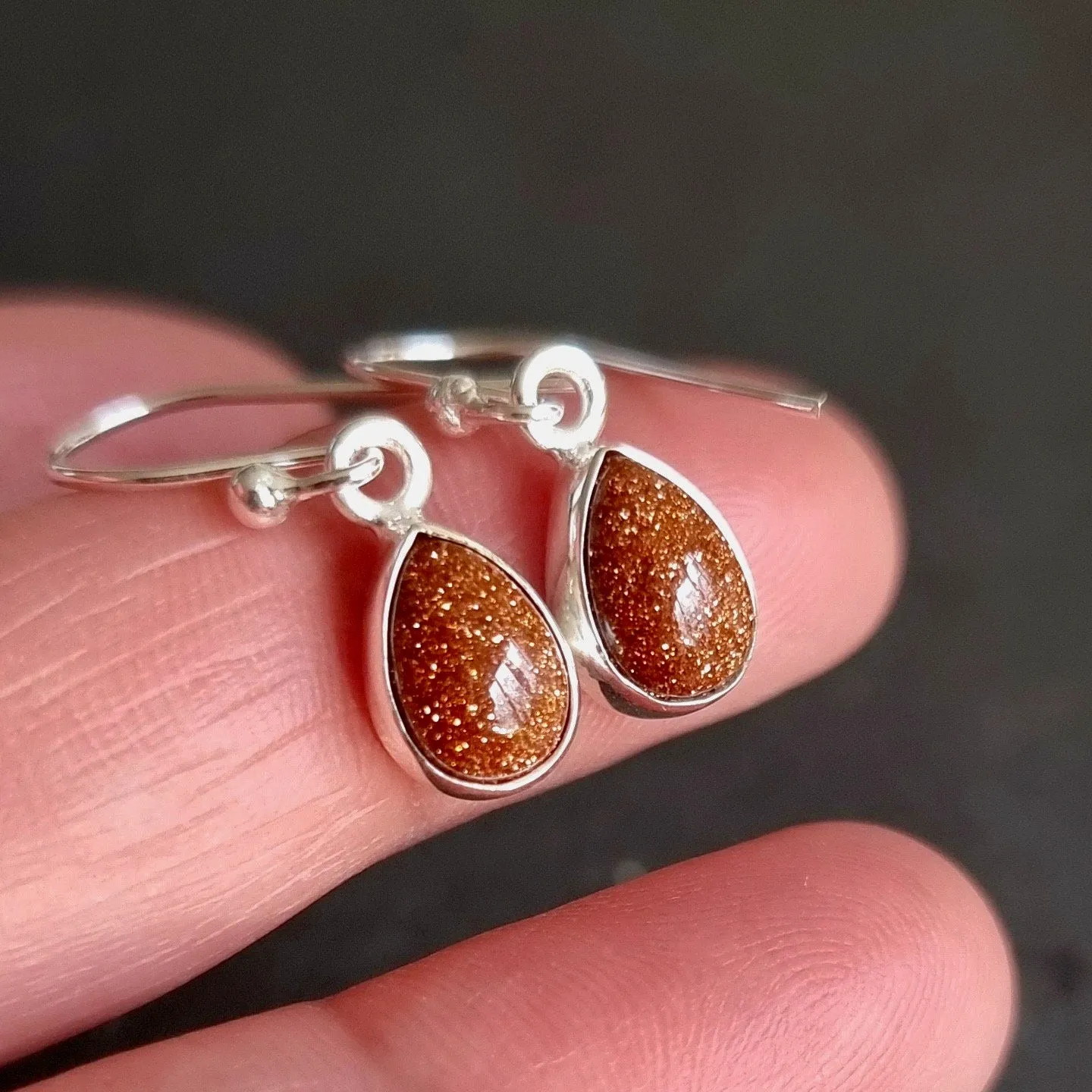 Goldstone Teardrop 9mm x 6mm 925 Silver Earrings, E5GS