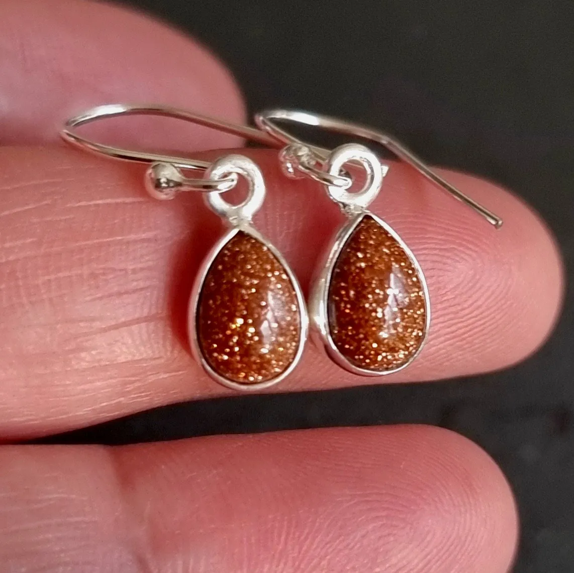 Goldstone Teardrop 9mm x 6mm 925 Silver Earrings, E5GS
