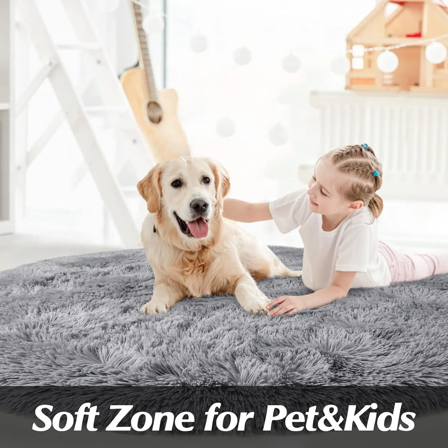 Grey Fluffy Plush Circle Rug, 4'X4' for Kids Teens Baby Girls Bedroom Decor, Shaggy Fuzzy Upgrade Nursery Dorm Living Room