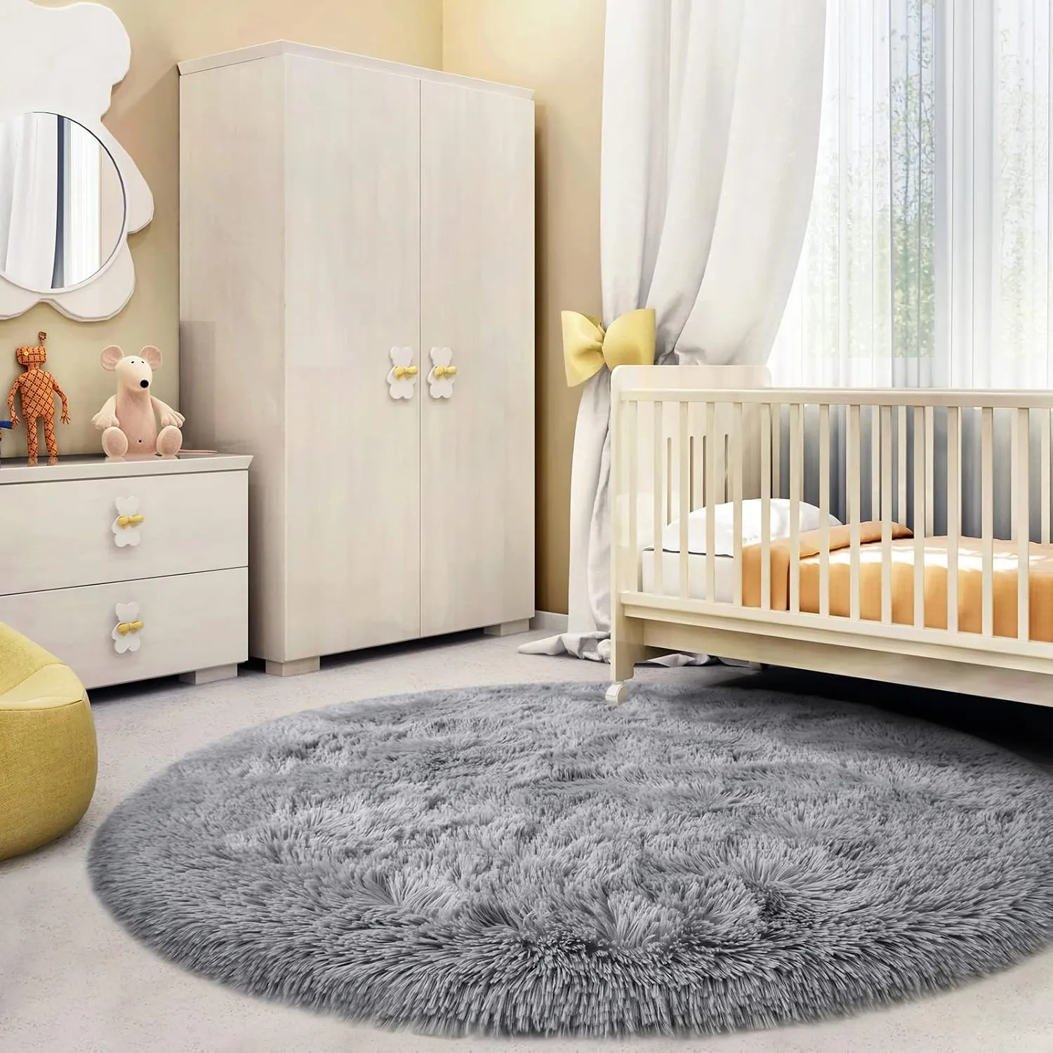 Grey Fluffy Plush Circle Rug, 4'X4' for Kids Teens Baby Girls Bedroom Decor, Shaggy Fuzzy Upgrade Nursery Dorm Living Room