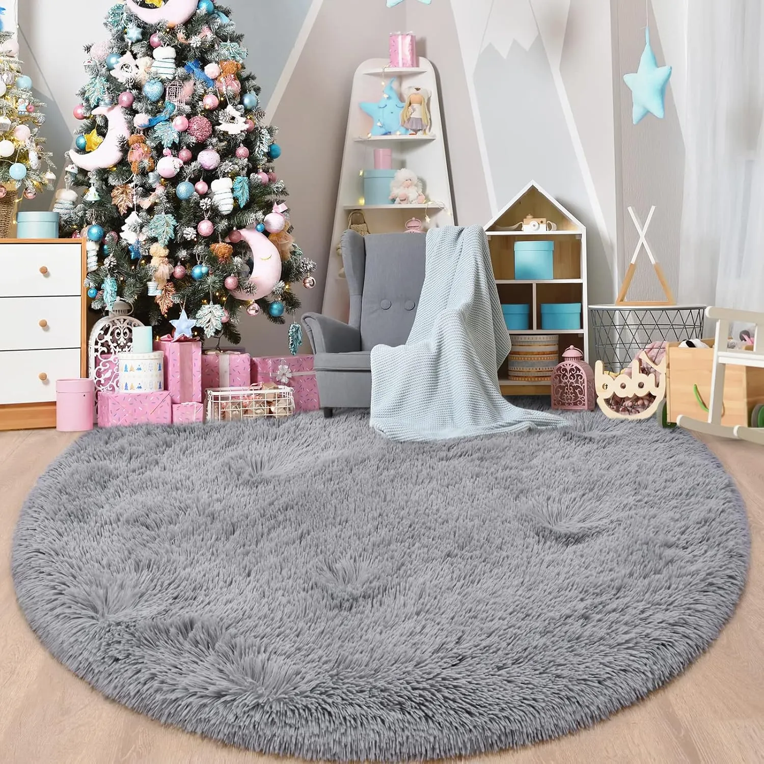 Grey Fluffy Plush Circle Rug, 4'X4' for Kids Teens Baby Girls Bedroom Decor, Shaggy Fuzzy Upgrade Nursery Dorm Living Room