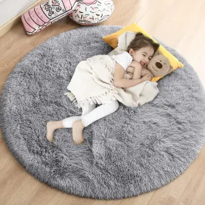 Grey Fluffy Plush Circle Rug, 4'X4' for Kids Teens Baby Girls Bedroom Decor, Shaggy Fuzzy Upgrade Nursery Dorm Living Room