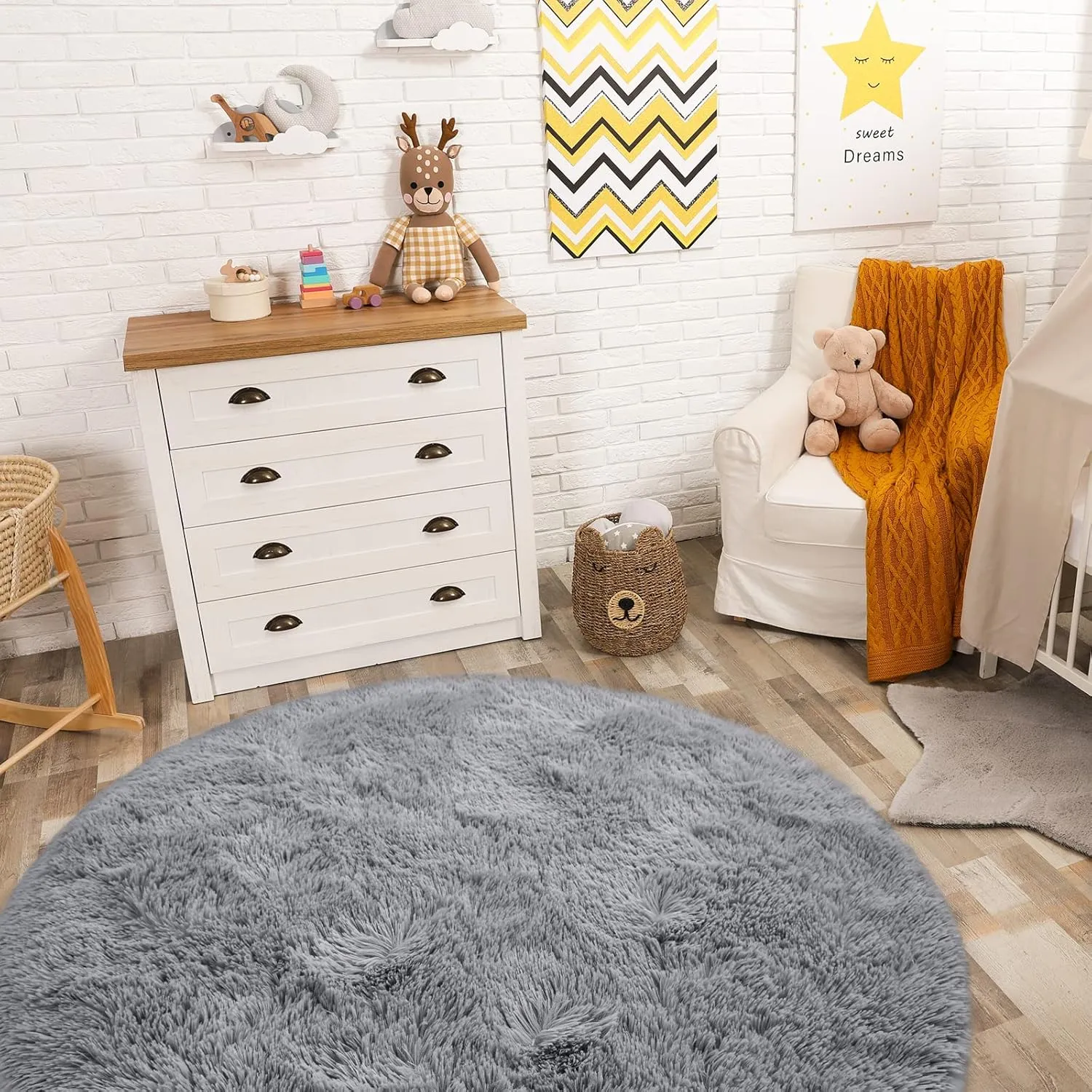 Grey Fluffy Plush Circle Rug, 4'X4' for Kids Teens Baby Girls Bedroom Decor, Shaggy Fuzzy Upgrade Nursery Dorm Living Room