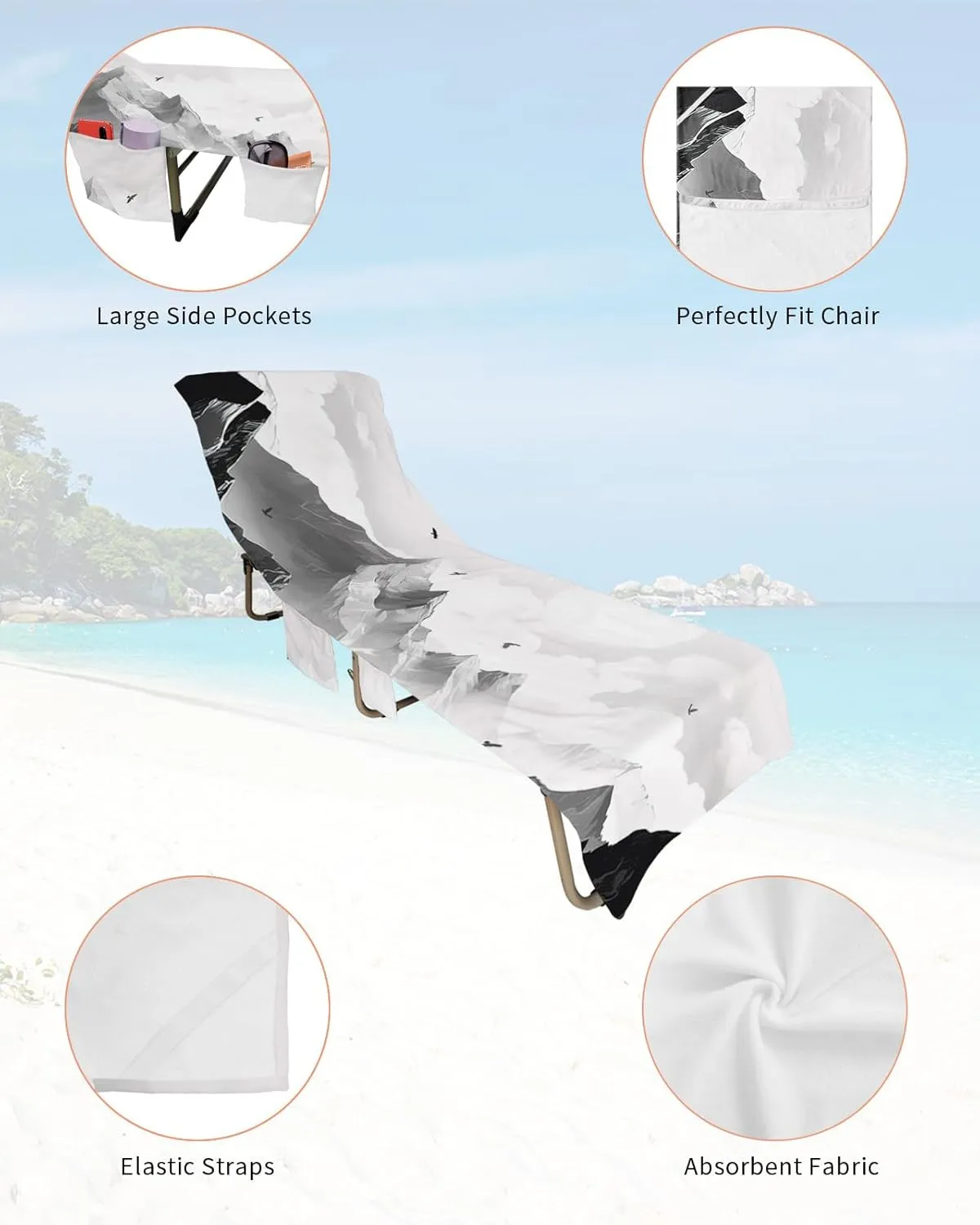 Grey Mountain Chaise Lounger Cover with Pockets, Pool Lounge Chair Covers 85"x29", Peak Scenery Sun Cloud Eagle Natural Landscape Microfiber Beach Chair Cover for Outdoor Patio Sunbathing