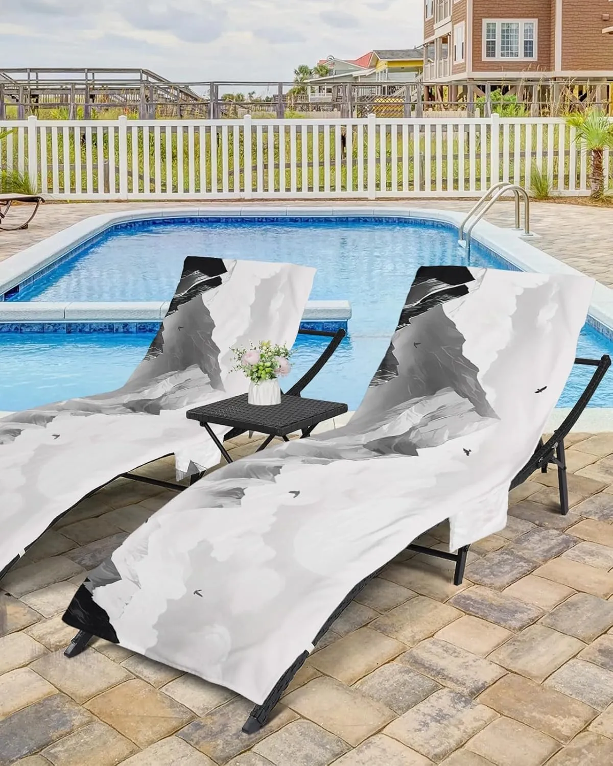 Grey Mountain Chaise Lounger Cover with Pockets, Pool Lounge Chair Covers 85"x29", Peak Scenery Sun Cloud Eagle Natural Landscape Microfiber Beach Chair Cover for Outdoor Patio Sunbathing