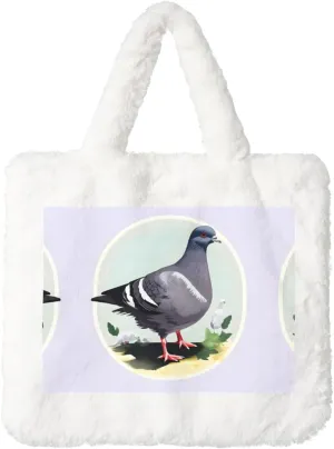 Grey Pigeon Print Printing Fluffy Shoulder Bag Ladies Plush Underarm Bag Tote Bag Furry Purse Handbag For Work Travel