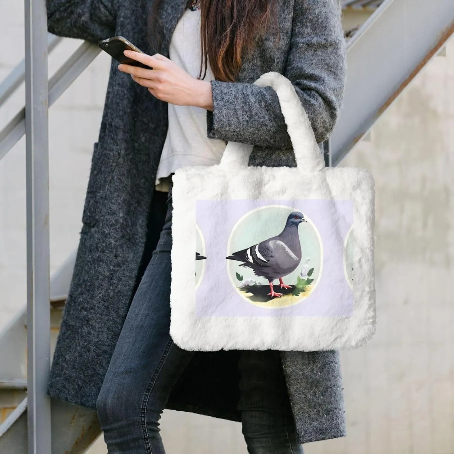 Grey Pigeon Print Printing Fluffy Shoulder Bag Ladies Plush Underarm Bag Tote Bag Furry Purse Handbag For Work Travel